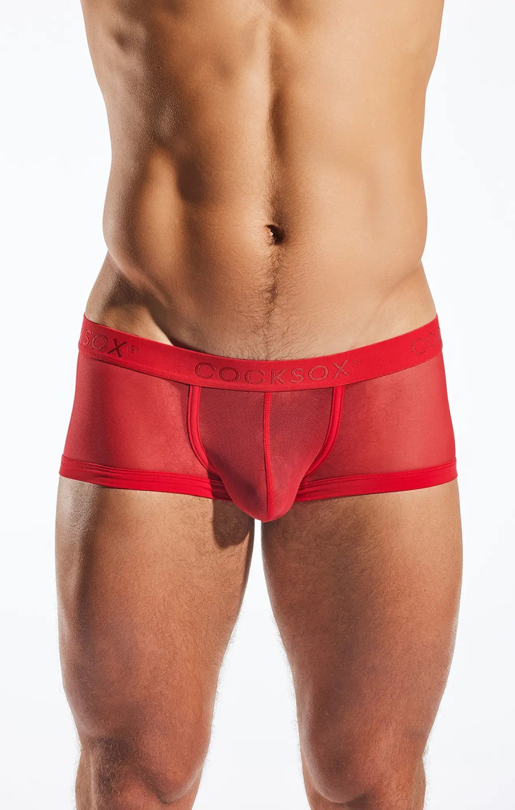 Red mesh briefs with a solid red waistband featuring the cooksox brand name in the CX68ME mesh trunk product