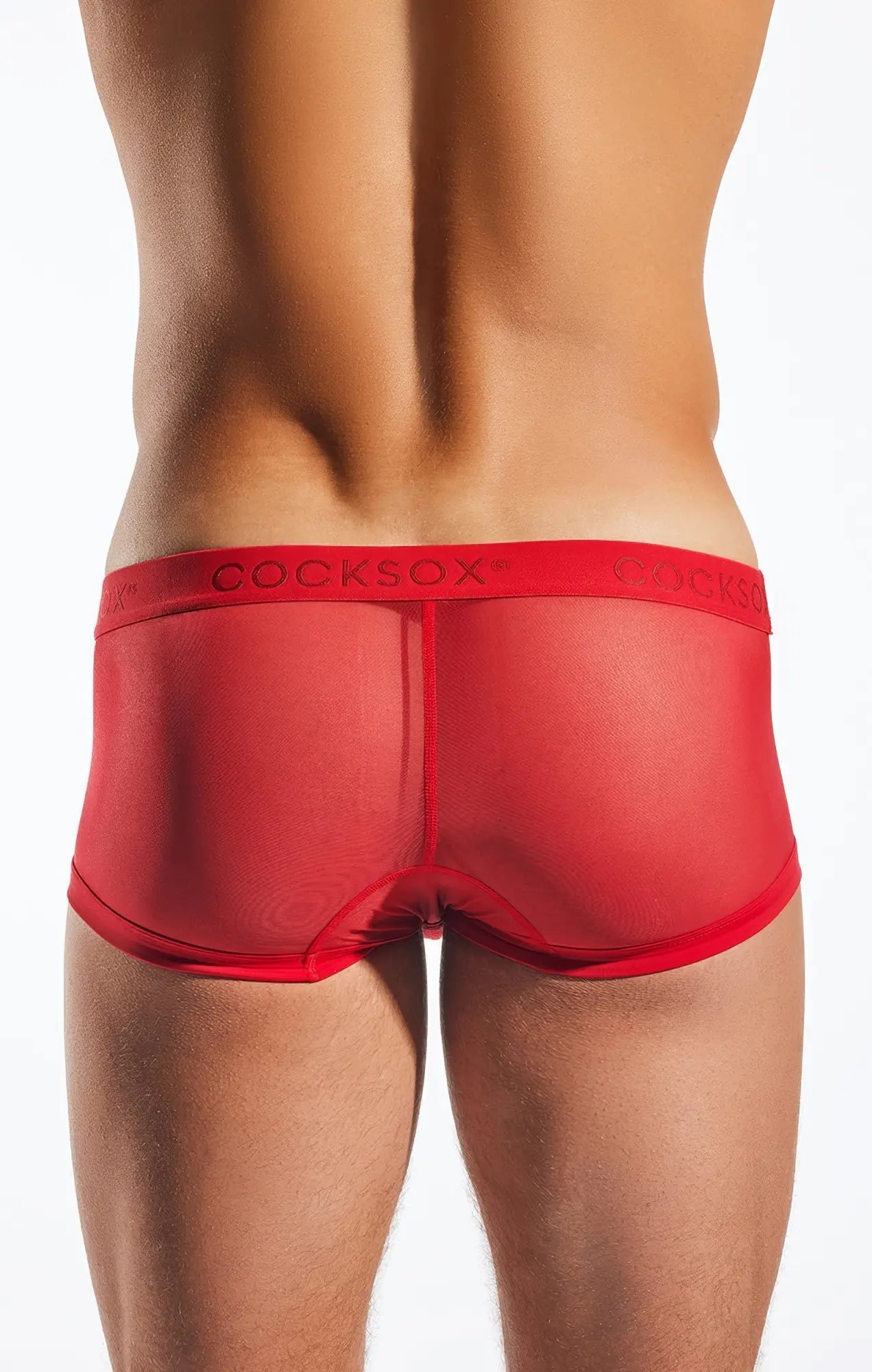Red transparent mesh briefs with matching elastic waistband featuring cocksox brand in cx68me mesh trunk style