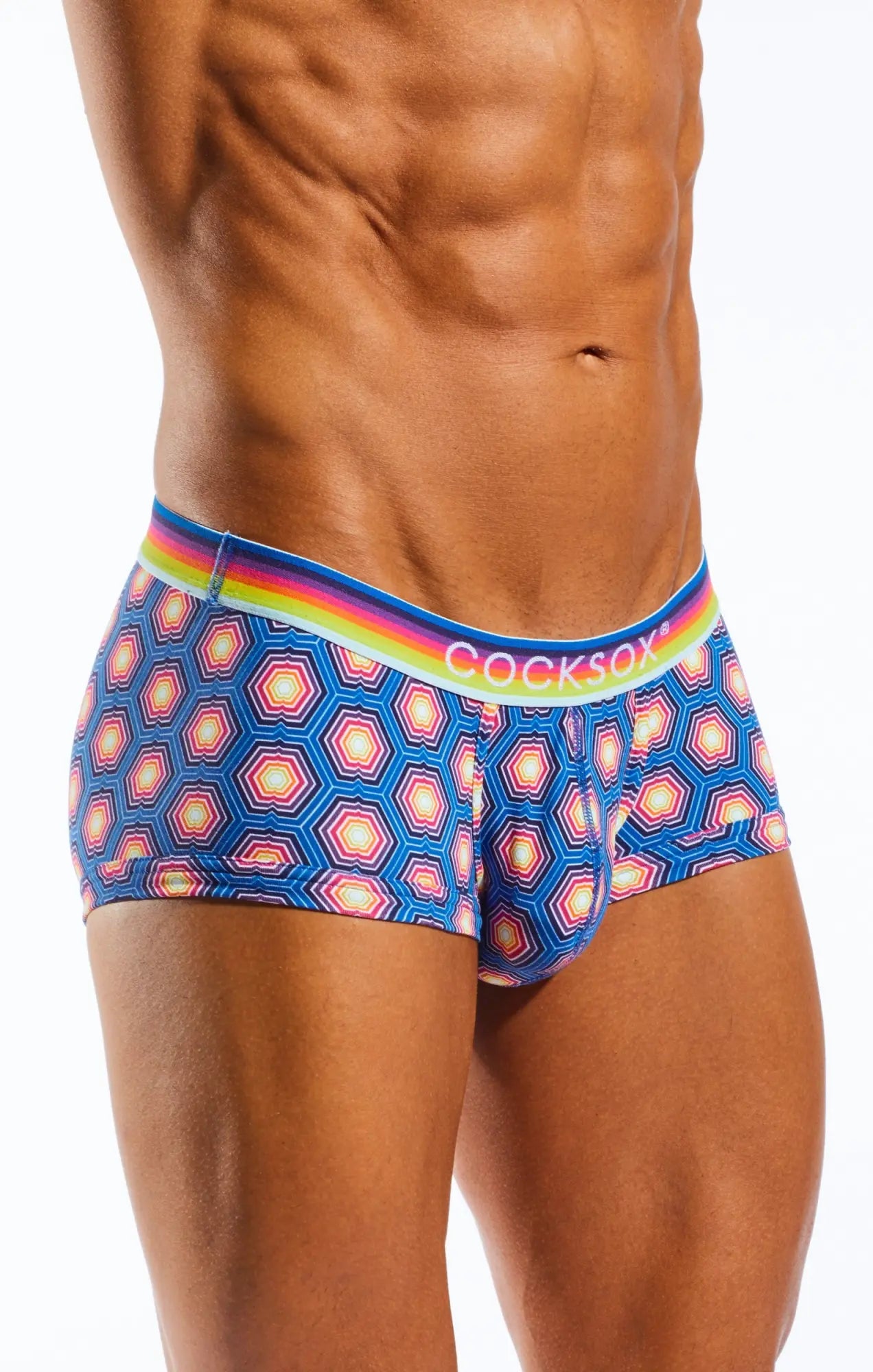 Blue patterned men’s briefs with rainbow trim and cocksox branding in the cx68n trunk product design