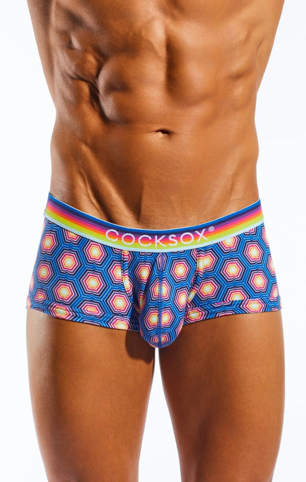Blue and pink geometric-patterned cocksox men’s briefs cx68n trunk with rainbow-striped waistband