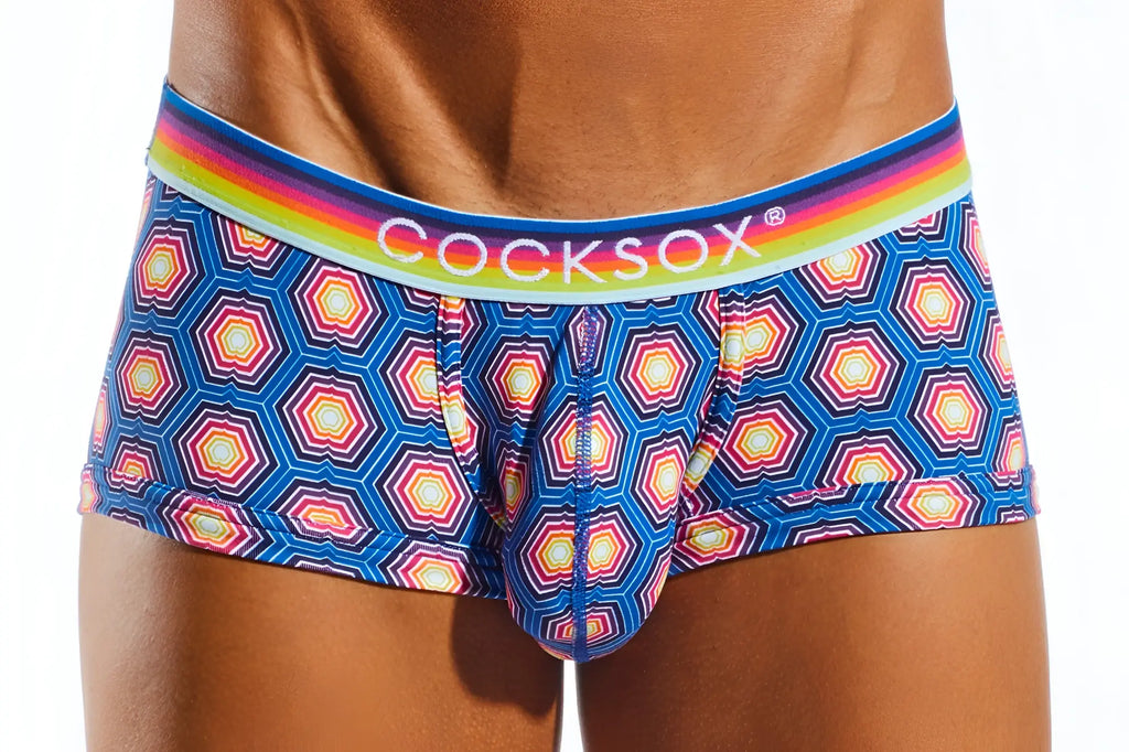 Blue cocksox cx68n trunk men’s briefs with rainbow-striped geometric hexagonal pattern in pink yellow and white