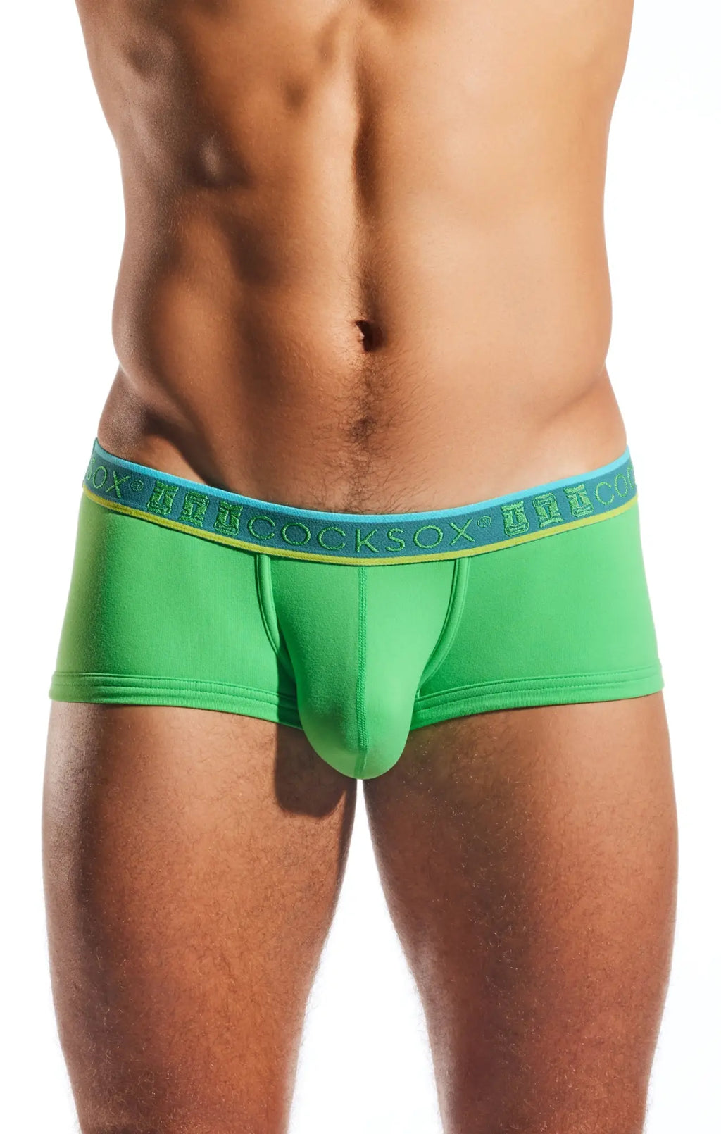 Bright green men’s cx68n trunk briefs with a blue waistband featuring the cocksox brand name in white lettering