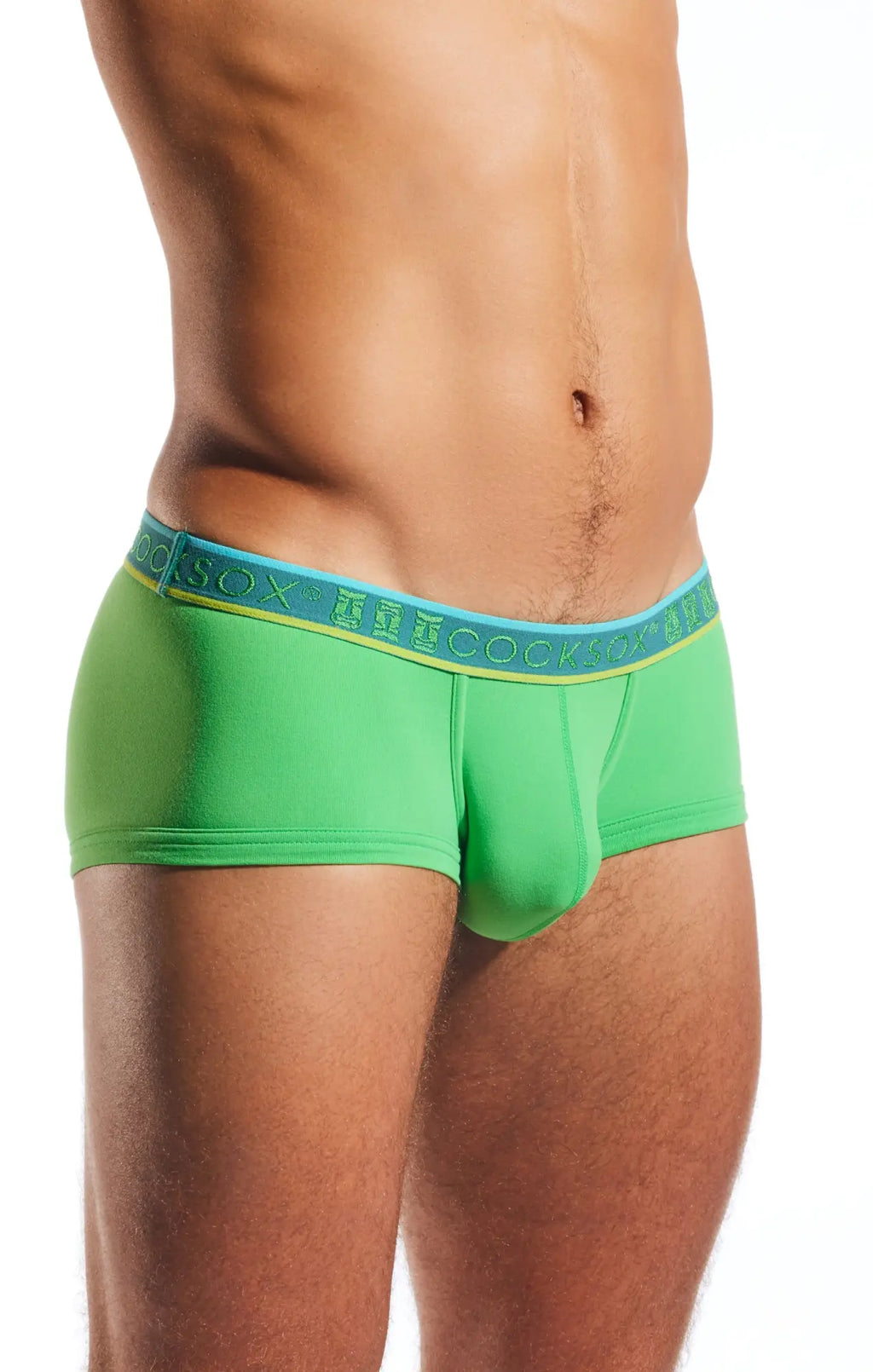 Bright green men’s briefs cx68n trunk with light blue elastic waistband featuring cocksox brand name in repeating lettering