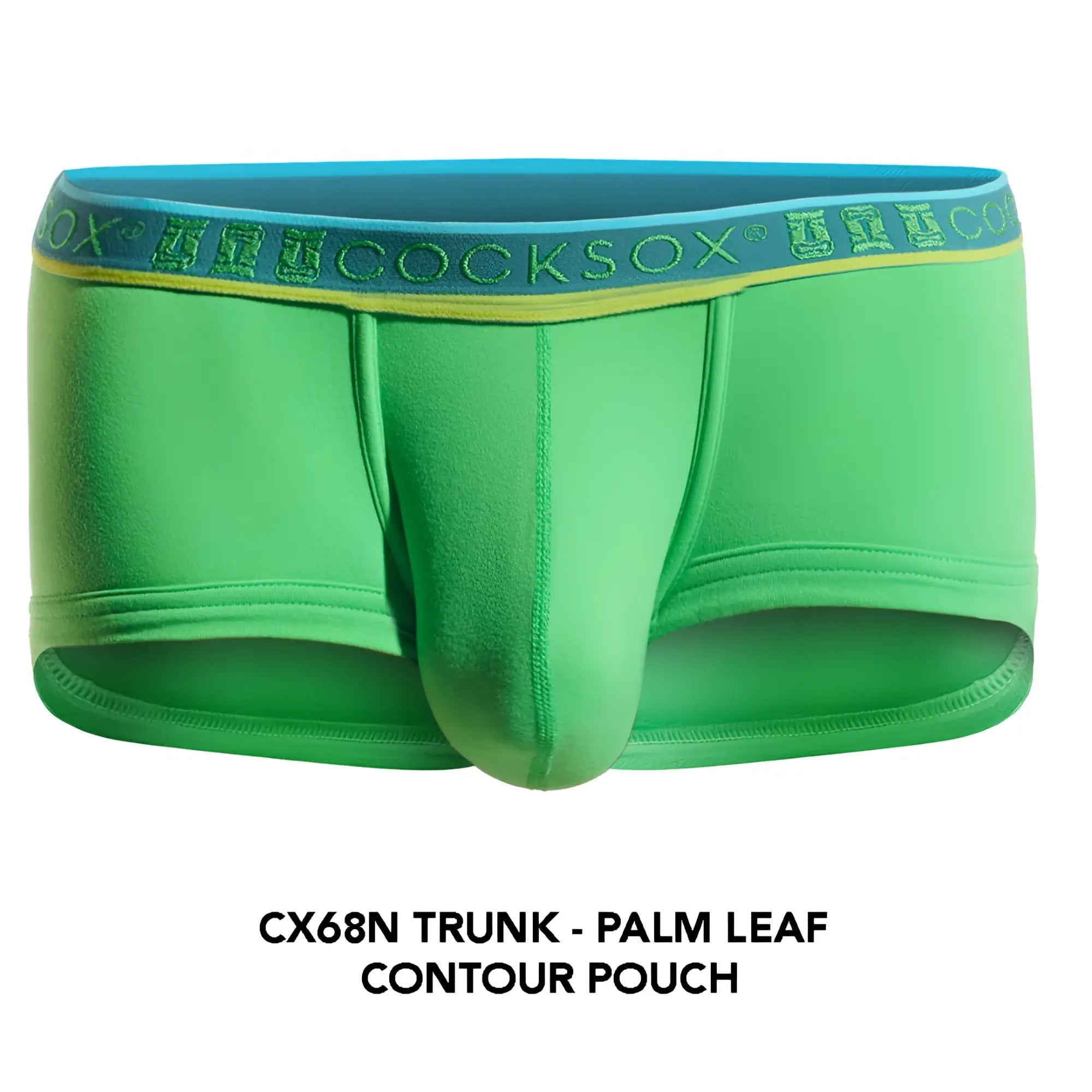Bright green men’s cx68n trunk with teal waistband and yellow cocksox brand name on front
