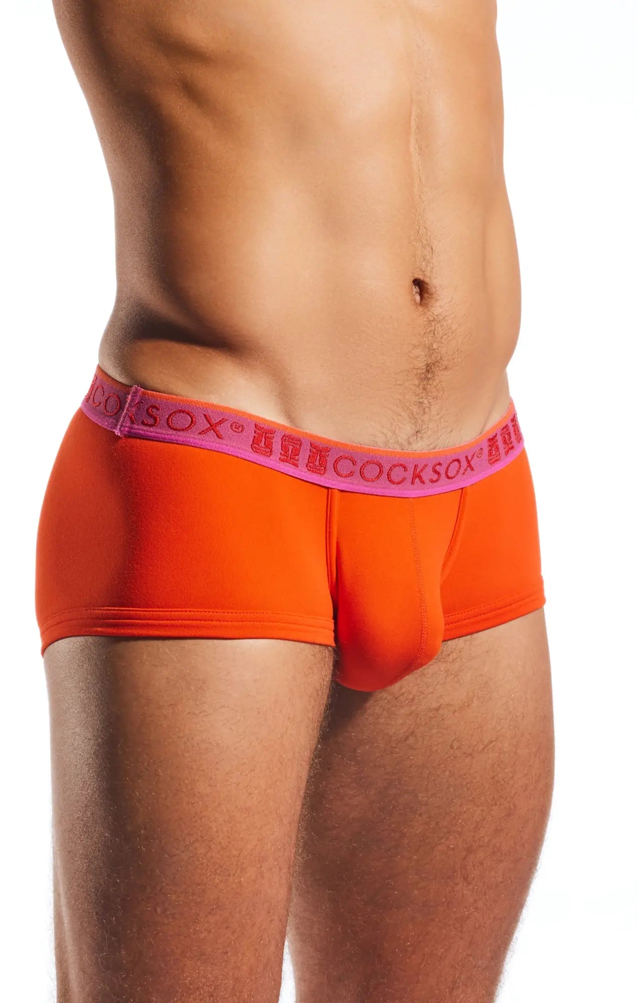 Bright orange cocksox men’s briefs cx68n trunk with pink waistband featuring the brand logo for comfortable wear