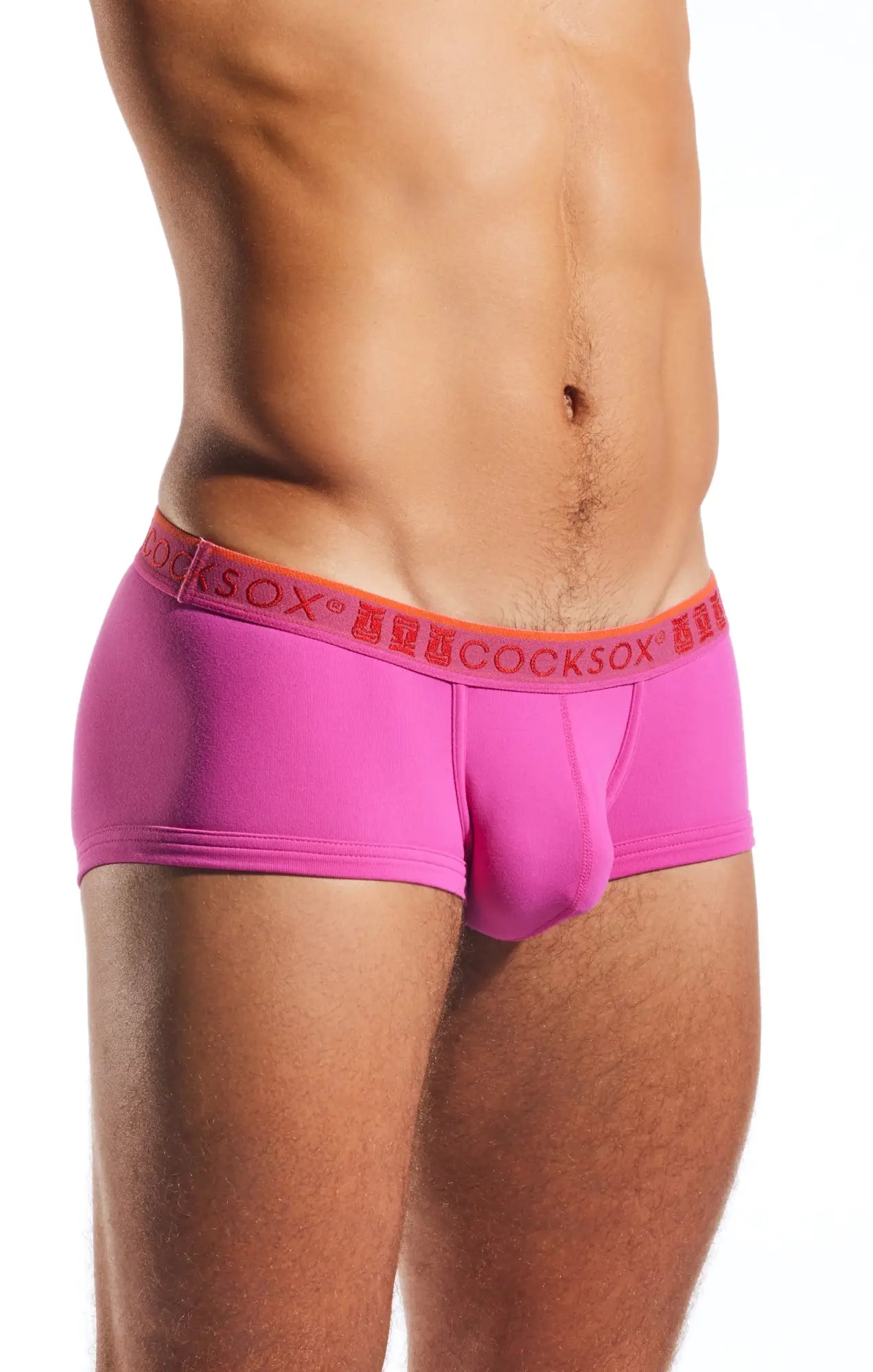 Cx68n trunk bright pink cocksox men’s briefs with orange waistband and red brand name lettering