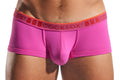 Bright pink form-fitting men’s briefs cx68n trunk with an orange waistband featuring the anuccocksox logo in red lettering
