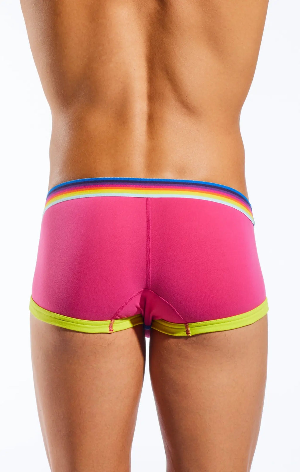 Bright pink cx68n swim trunks with rainbow-striped waistband and neon yellow trim for vibrant beachwear