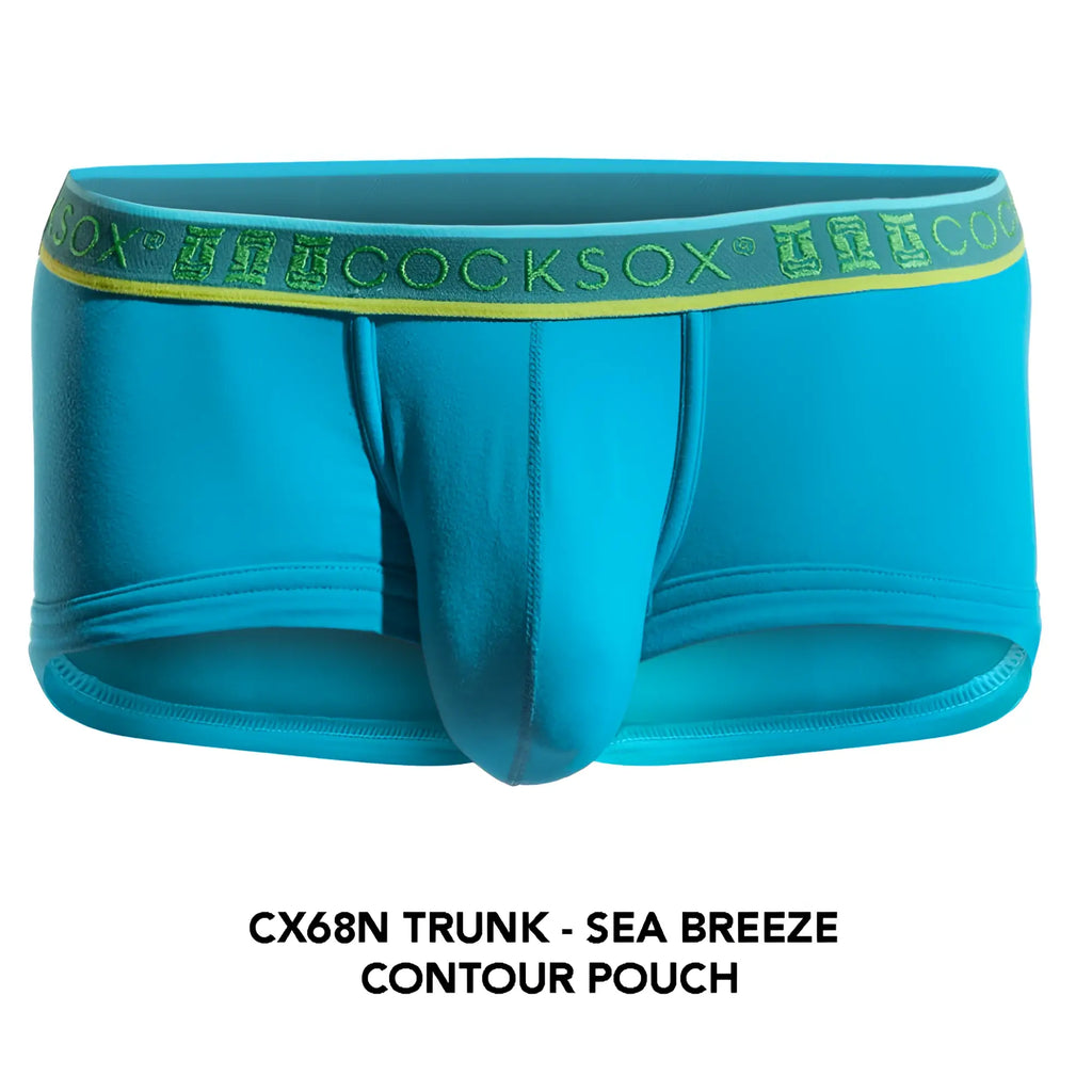 Bright turquoise blue men’s cx68n trunk underwear with yellow green branded cocksox waistband in repeating pattern