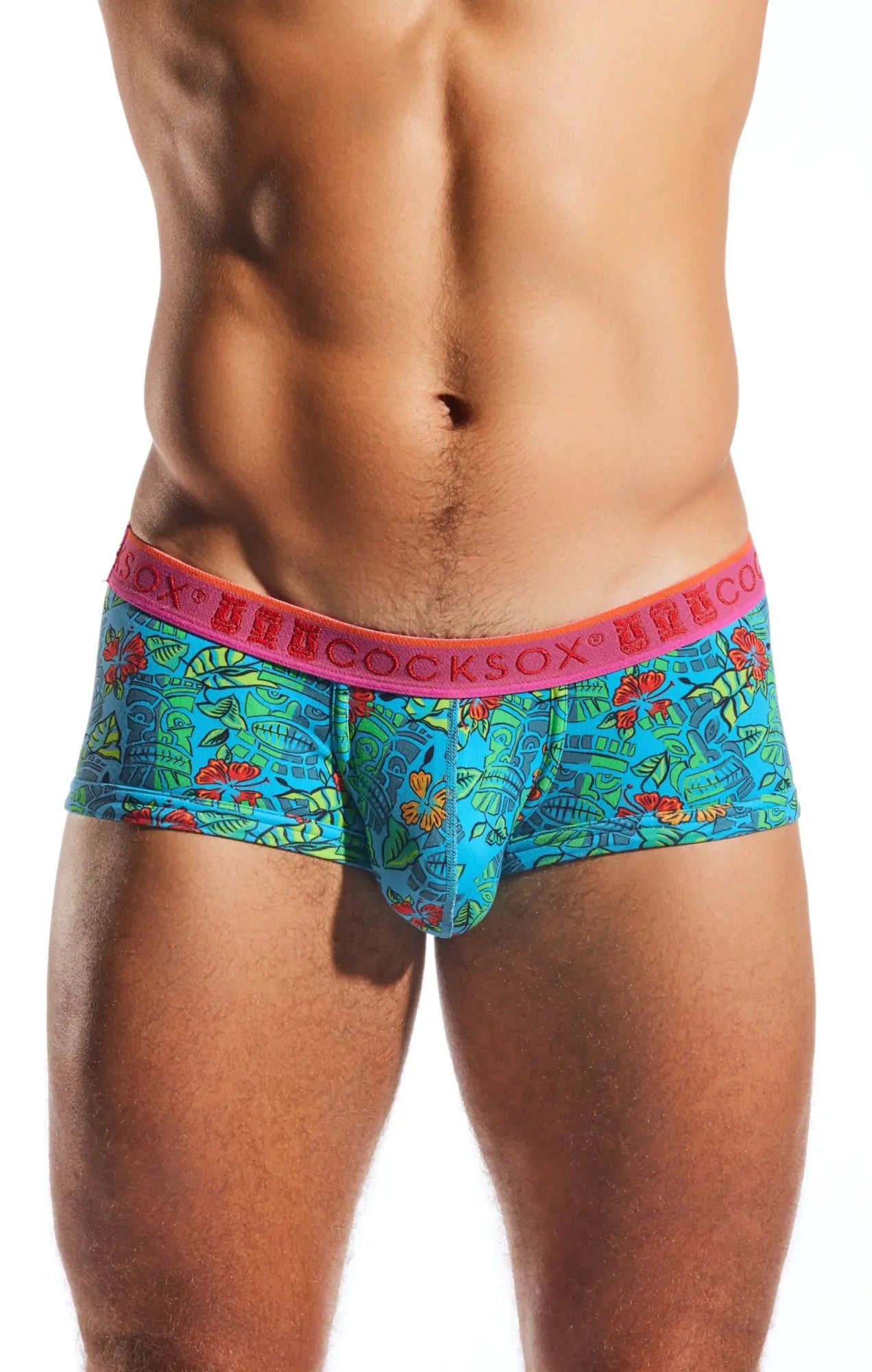 Bright turquoise tropical-patterned men’s briefs with pink waistband branded sexy heecocksox cx68n trunk