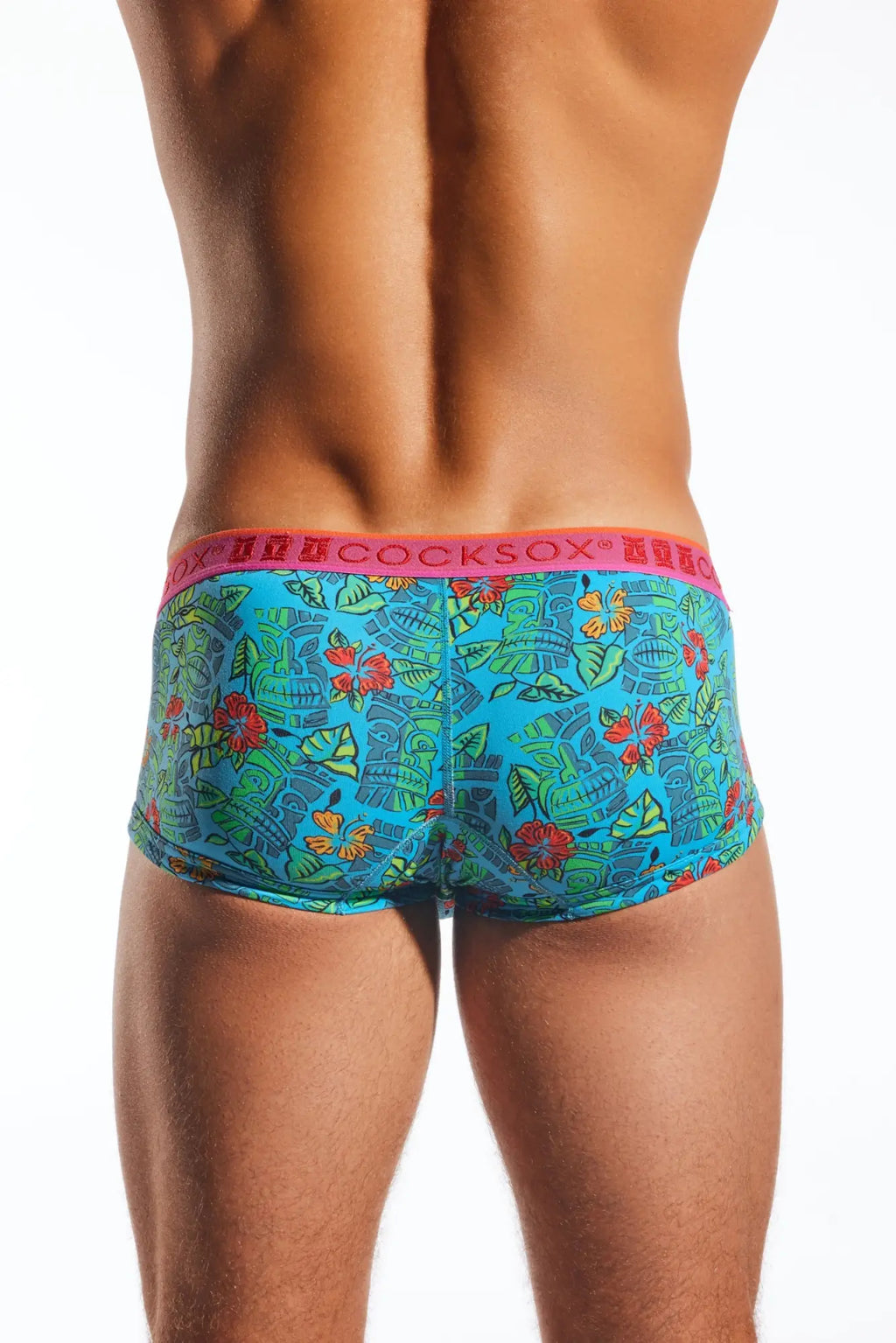 Bright turquoise tropical patterned men’s briefs with pink waistband branded cocksox cx68n trunk