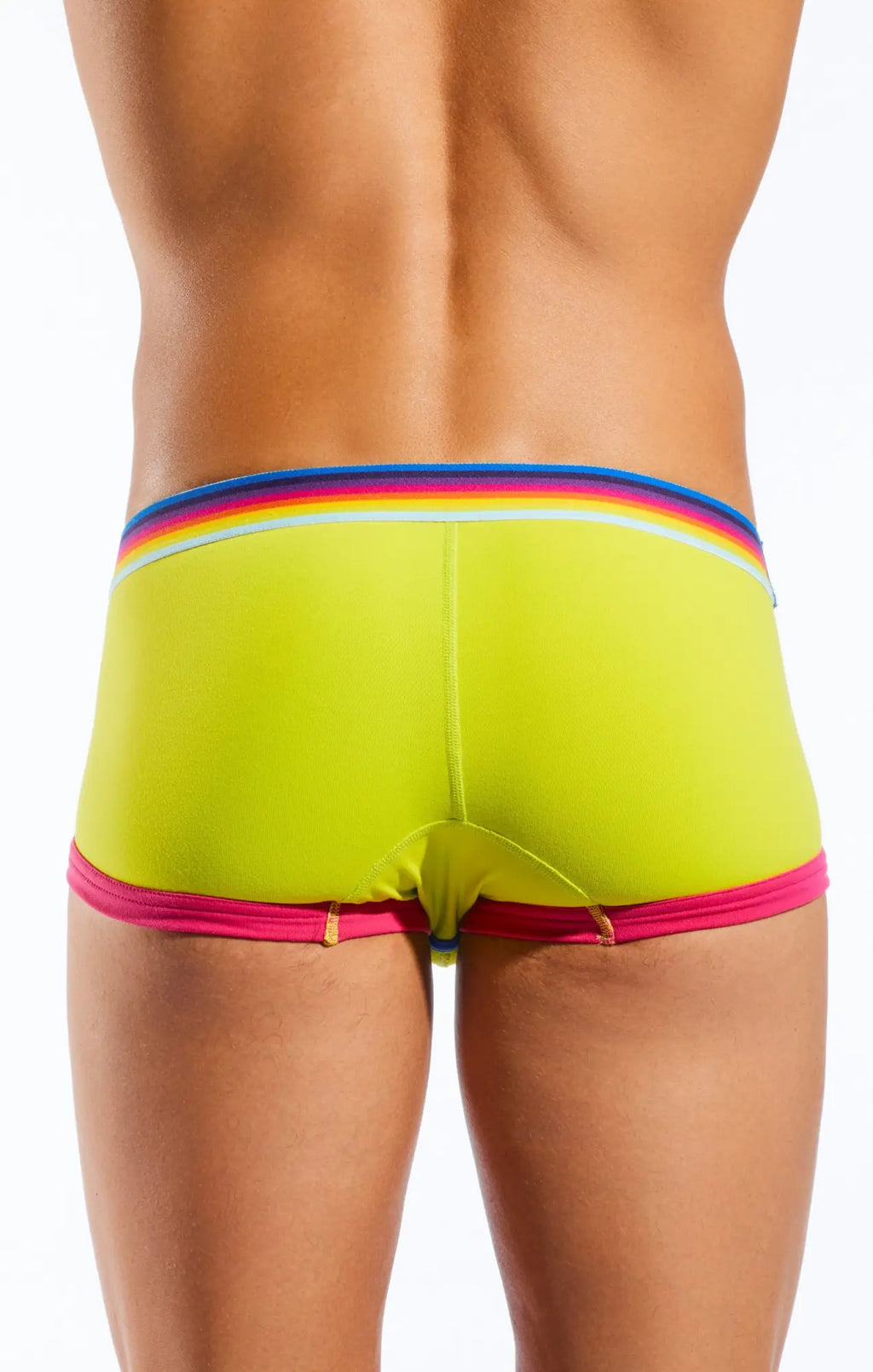 Cx68n trunk vibrant lime green briefs with rainbow-striped waistband and pink trim for comfortable wear