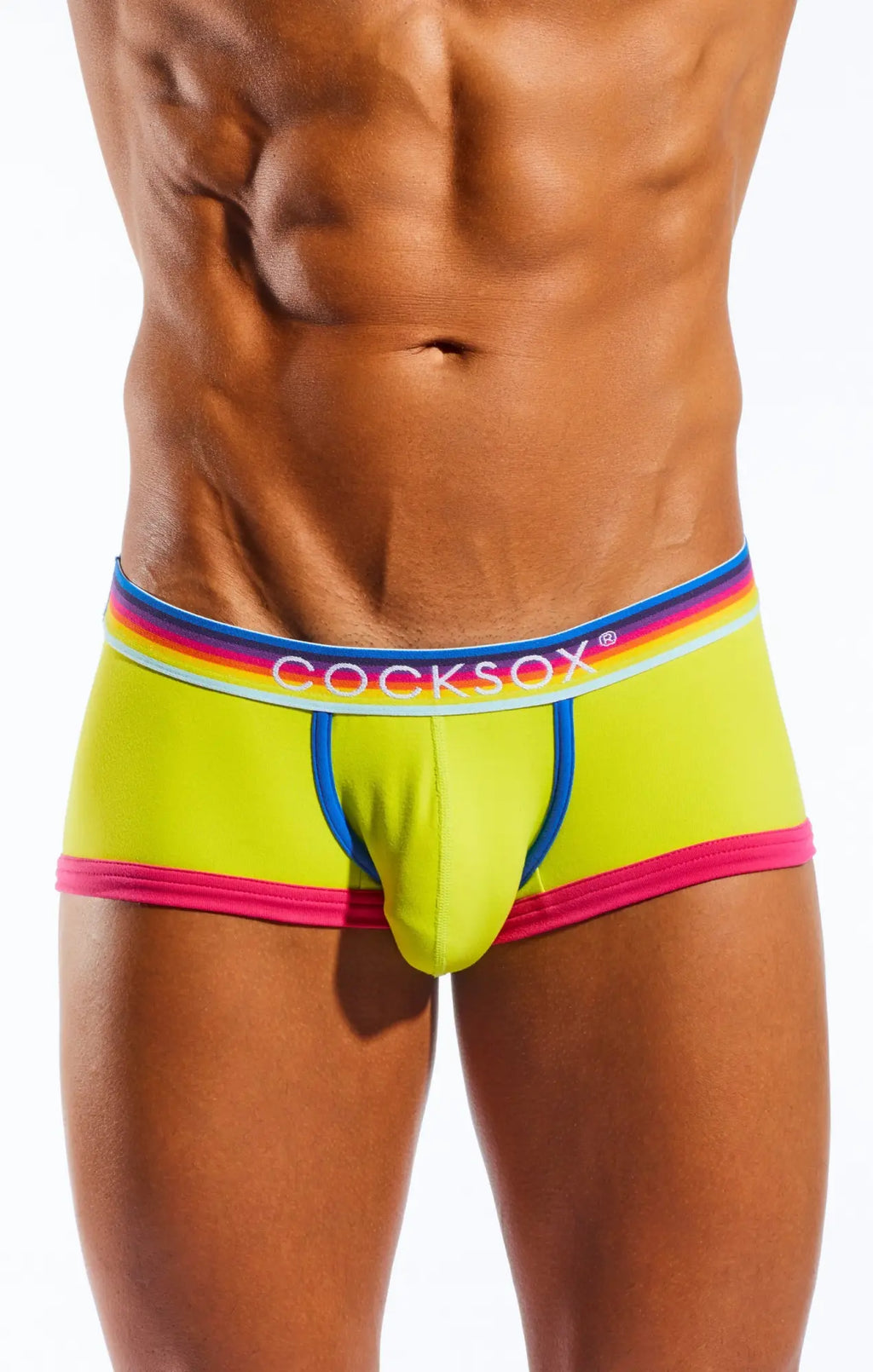 Cocksox cx68n trunk vibrant neon yellow men’s briefs with rainbow-striped elastic waistband and pink blue white trim