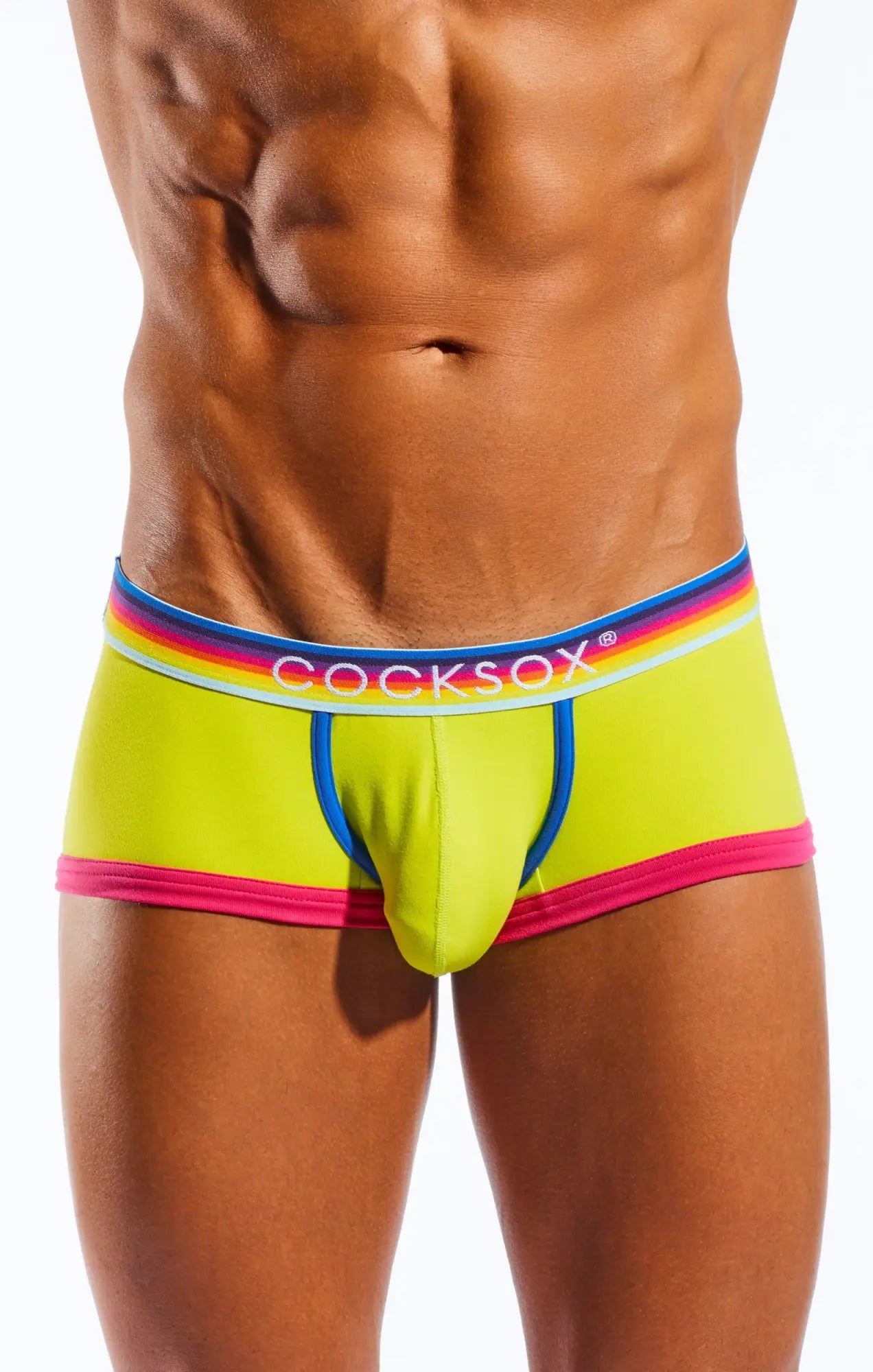 Cocksox cx68n trunk vibrant neon yellow men’s briefs with rainbow-striped elastic waistband and pink blue white trim