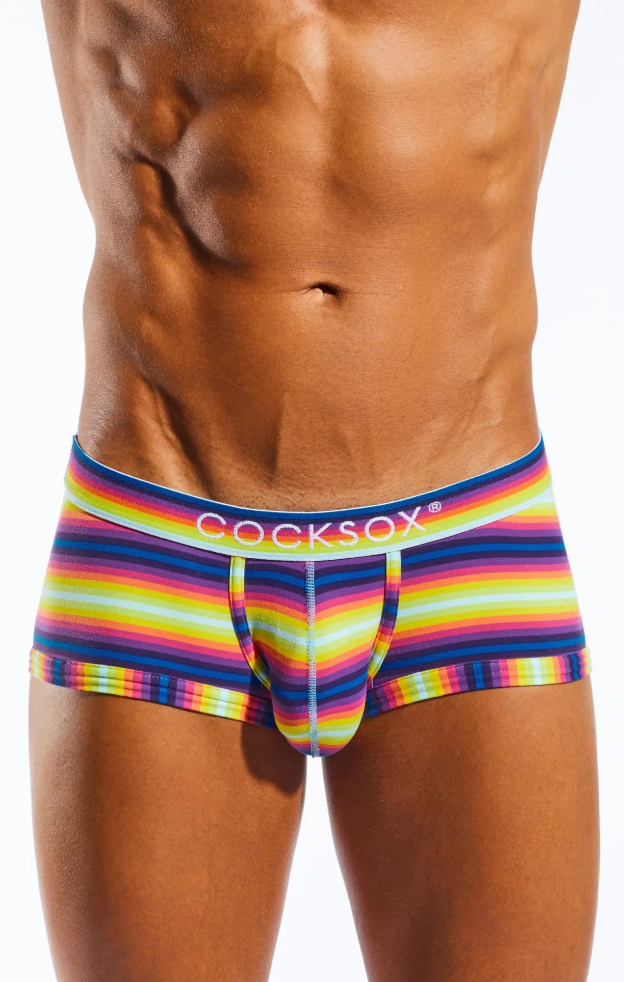 Vibrant rainbow-striped cocksox men’s briefs cx68n trunk with bold colorful pattern and elastic waistband