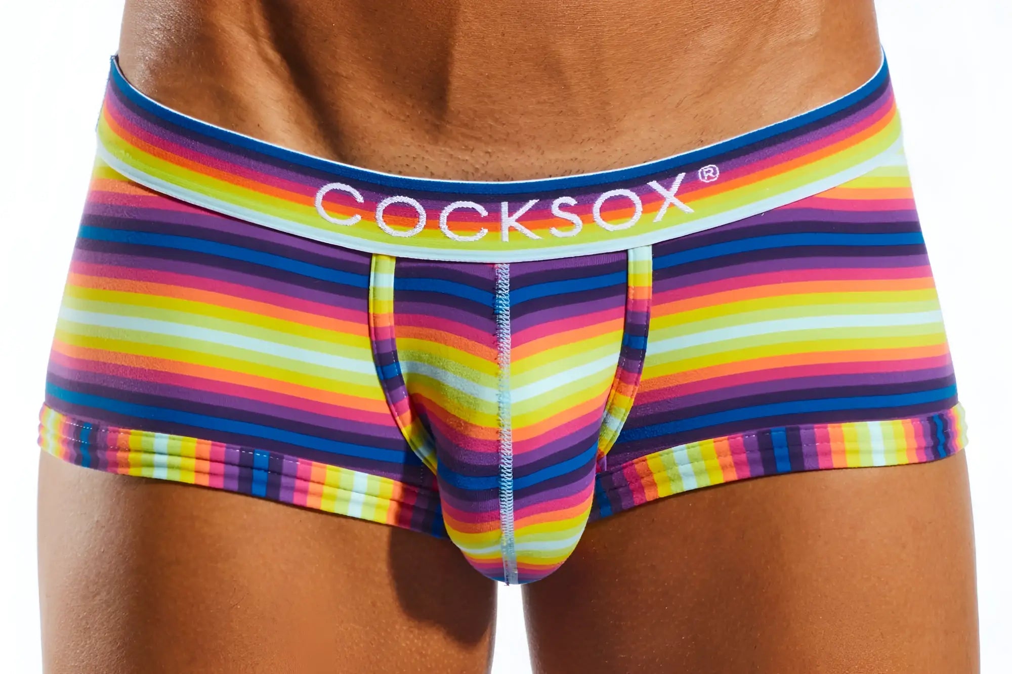 Vibrant rainbow-striped cocksox cx68n trunk men’s briefs with snug elastic waistband and seamless construction