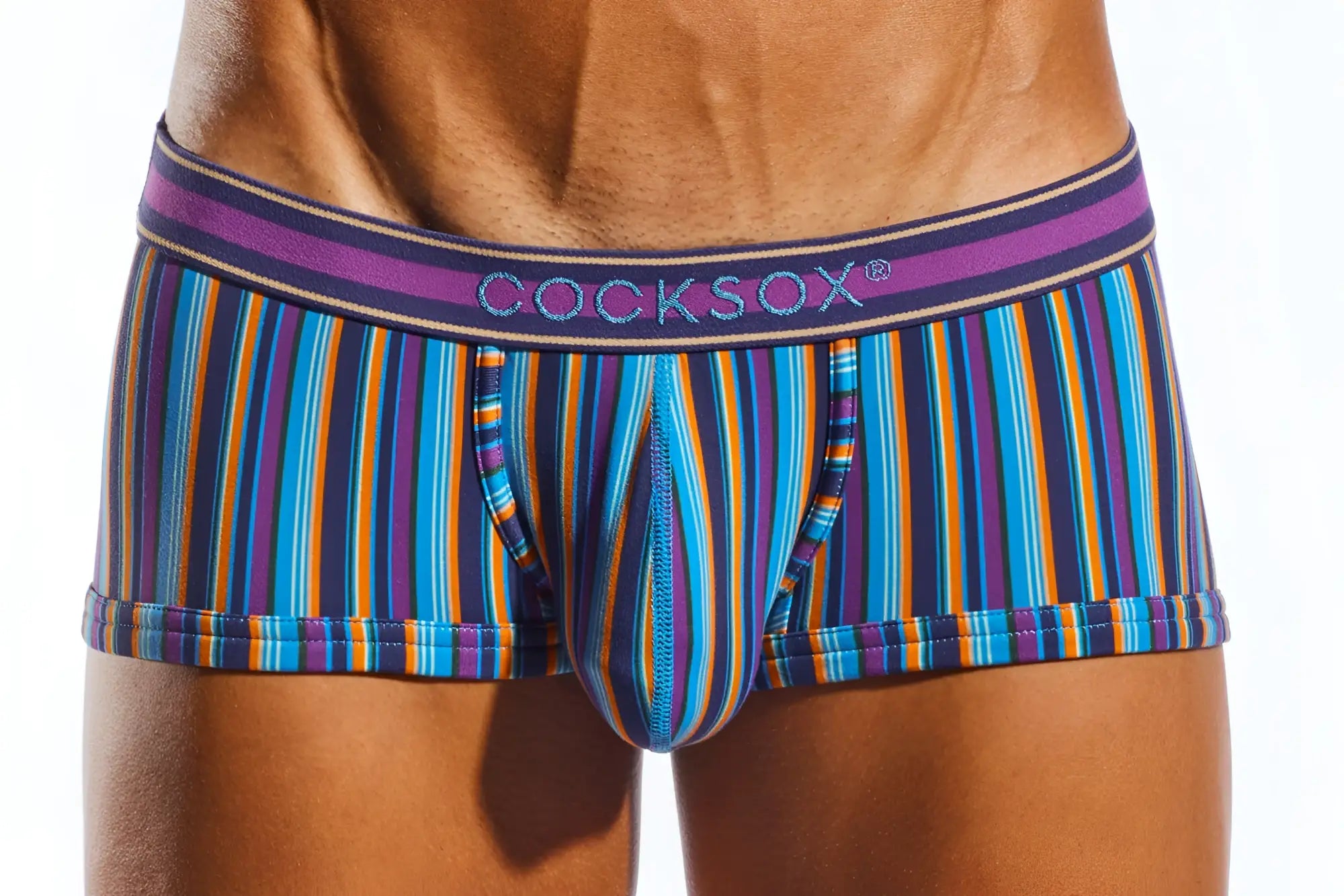 Vibrant striped men’s briefs cx68n trunk in blue purple orange and teal with matching cooksox branded waistband