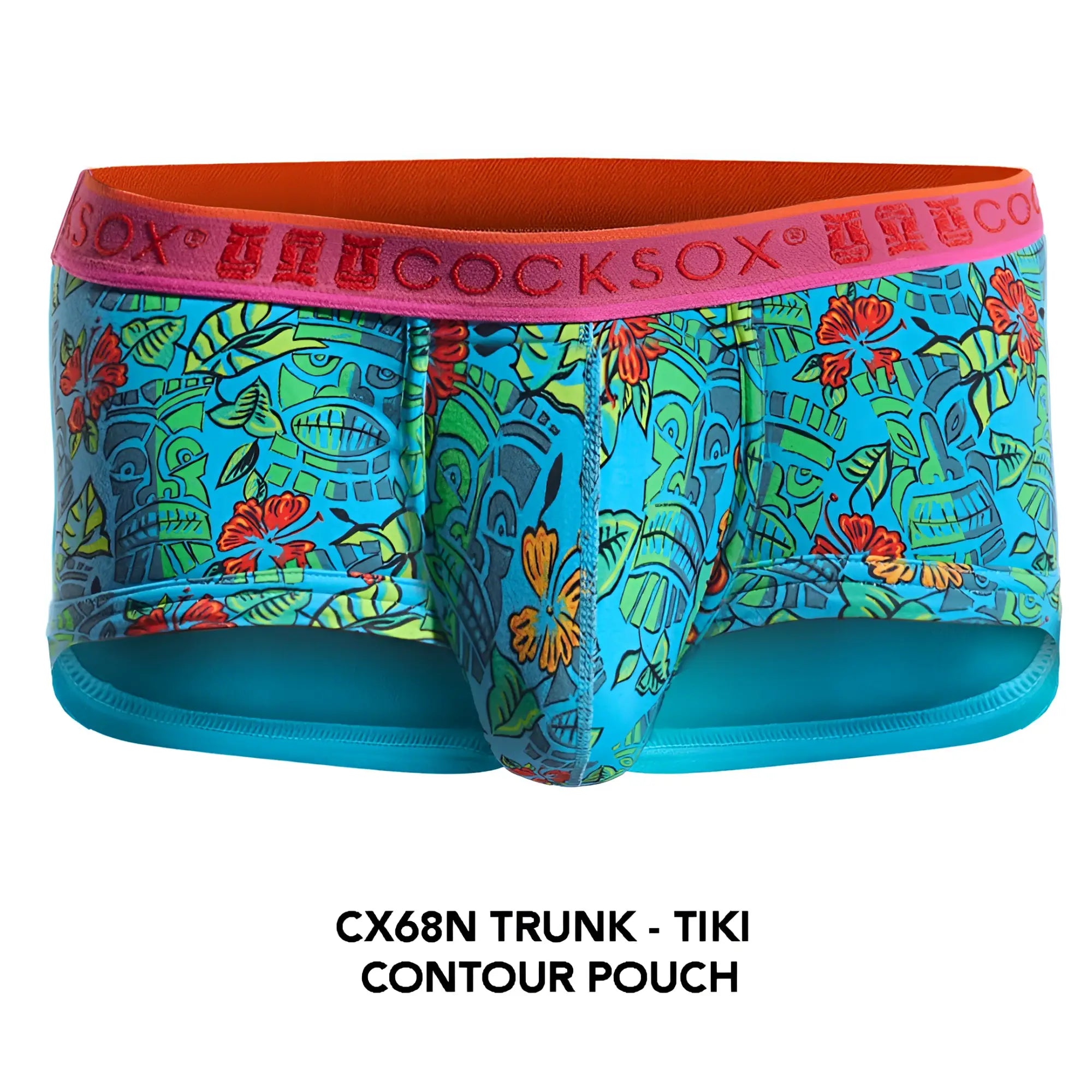 Vibrant turquoise cx68n men’s trunk with bold tropical tiki floral pattern pink waistband orange lining and teal trim