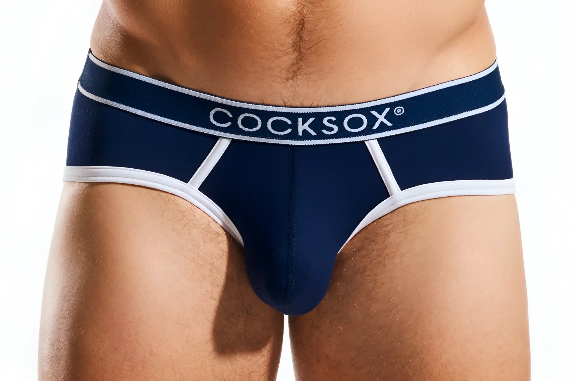 Navy blue cocksox cx76bb sports brief with white trim and branding designed for men’s athletic wear