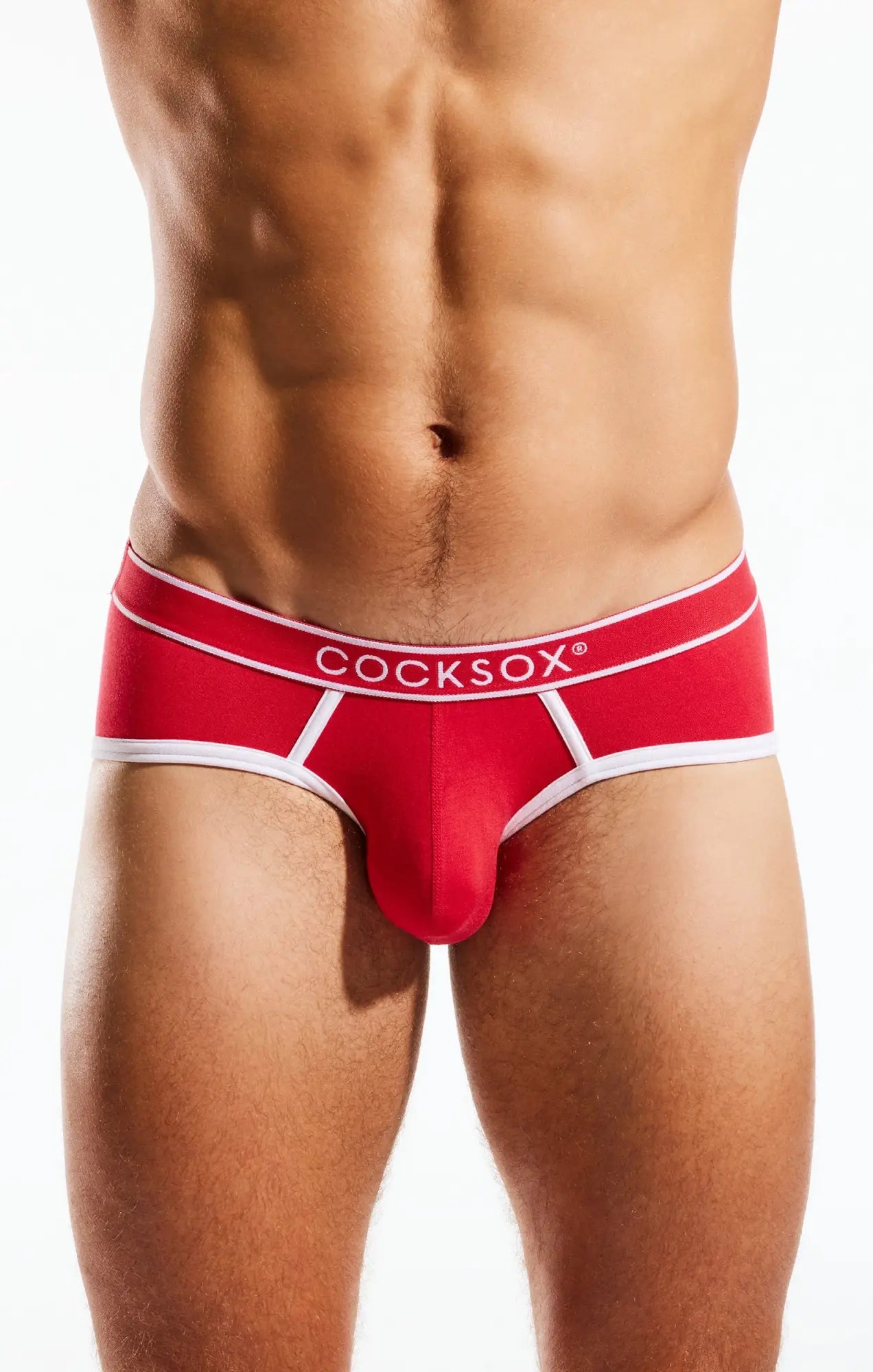 Red cocksox cx76bb sports brief in red with white trim and branding designed for men’s activewear comfort