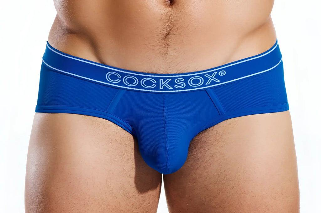 Blue cocksox cx76br sports brief men’s briefs in blue with white trim and logo designed for athletic comfort