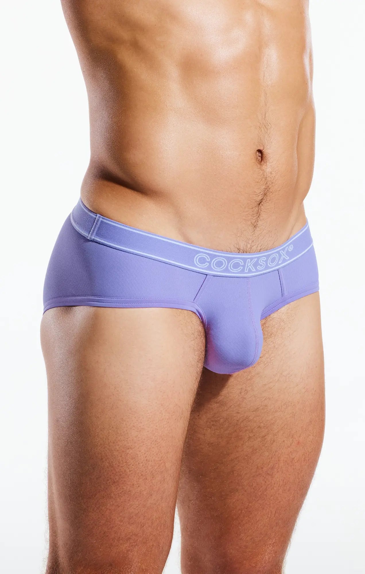 Purple cocksocks cx76br sports brief underwear with textured fabric and white logo on waistband front view