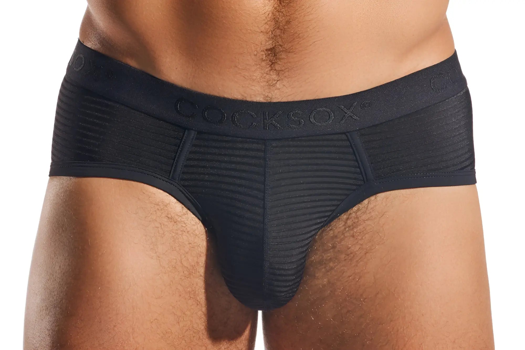 Black cooksx mens cx76lux semi sheer sports briefs with ribbed textured fabric and elastic waistband front view