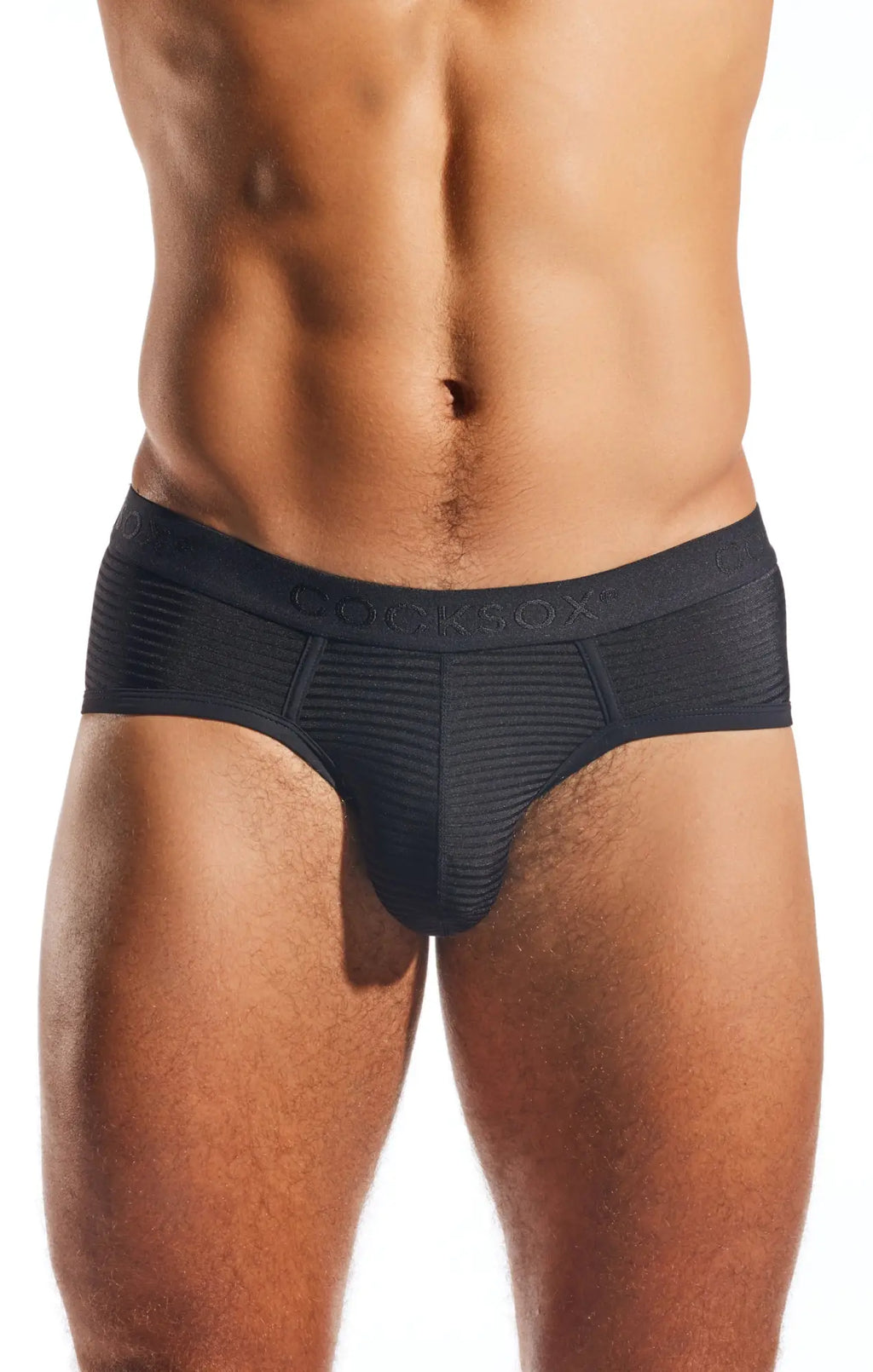 Black men’s semi-sheer sports briefs with ribbed texture and corksox embroidered waistband cx76lux model