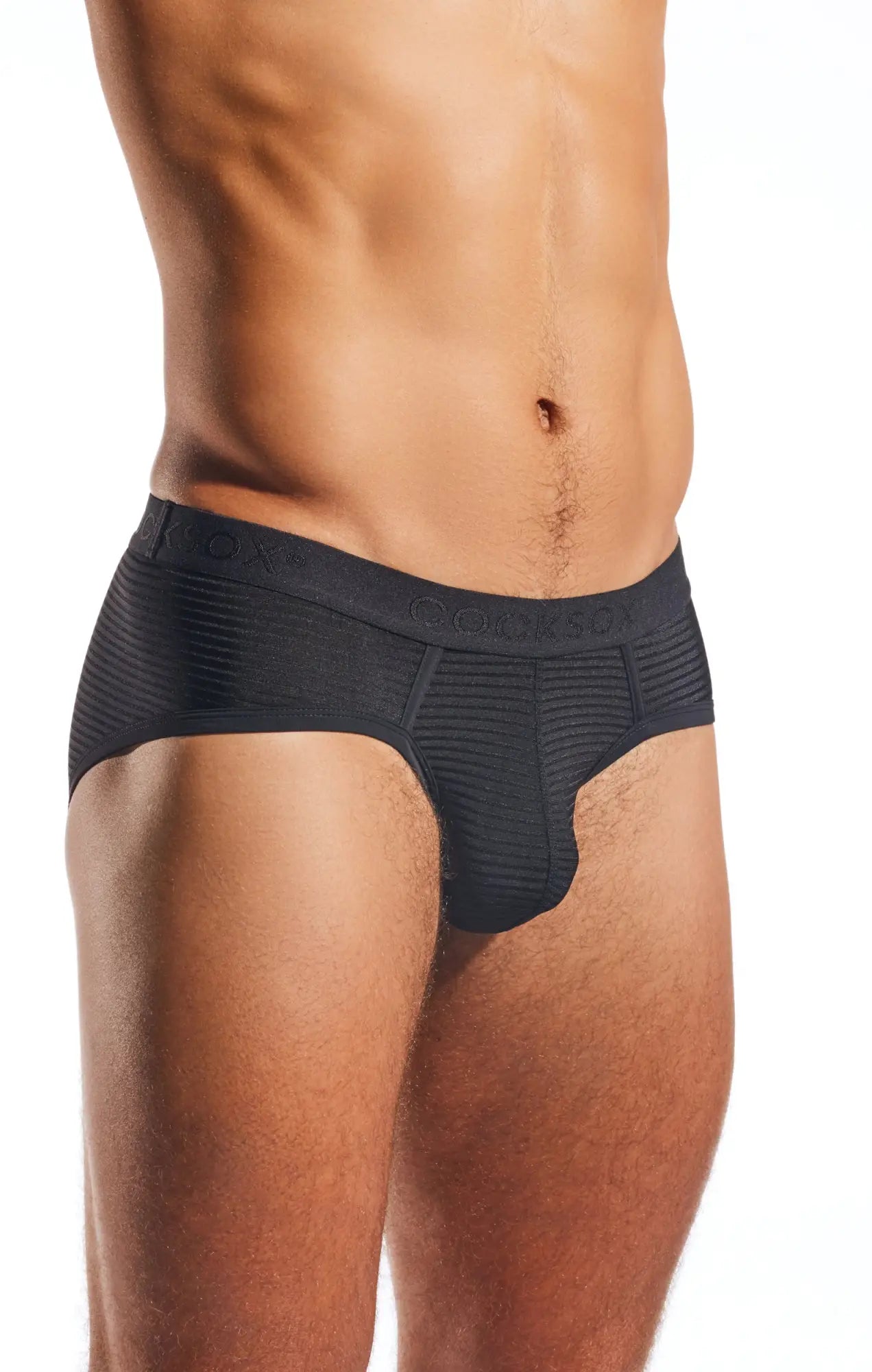 Black cx76lux semi-sheer sports brief with textured fabric ribbed waistband and subtle branding
