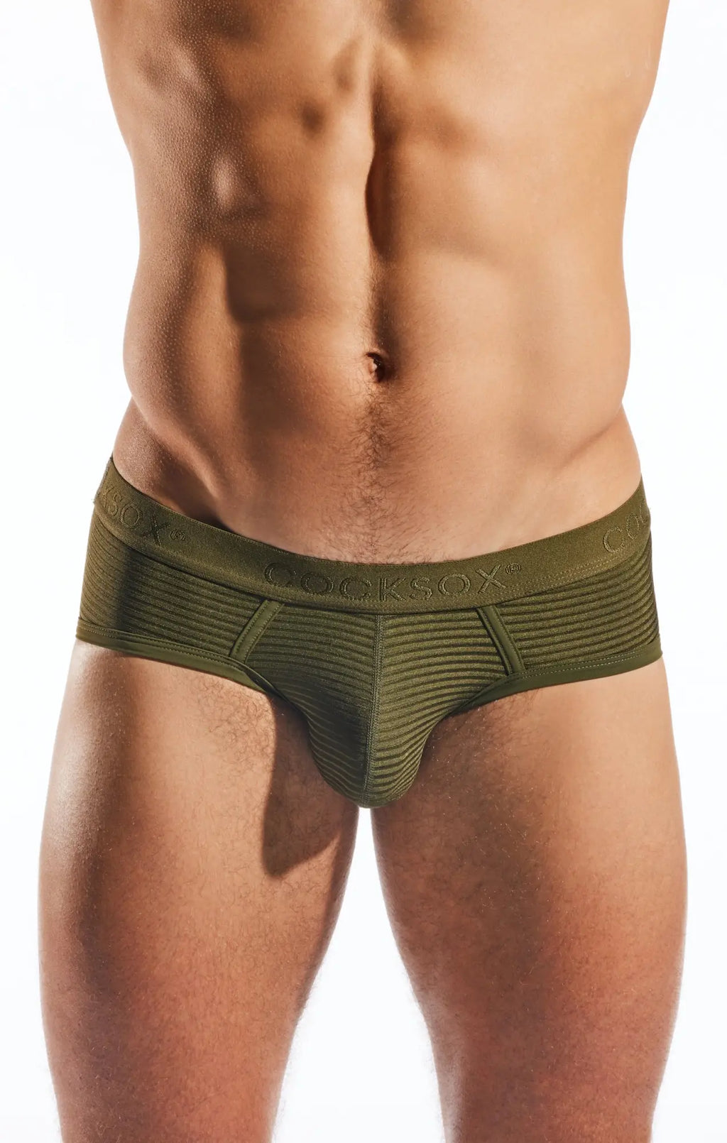 Cx76lux semi-sheer sports brief in olive green by cocksox made of textured elastic fabric for men
