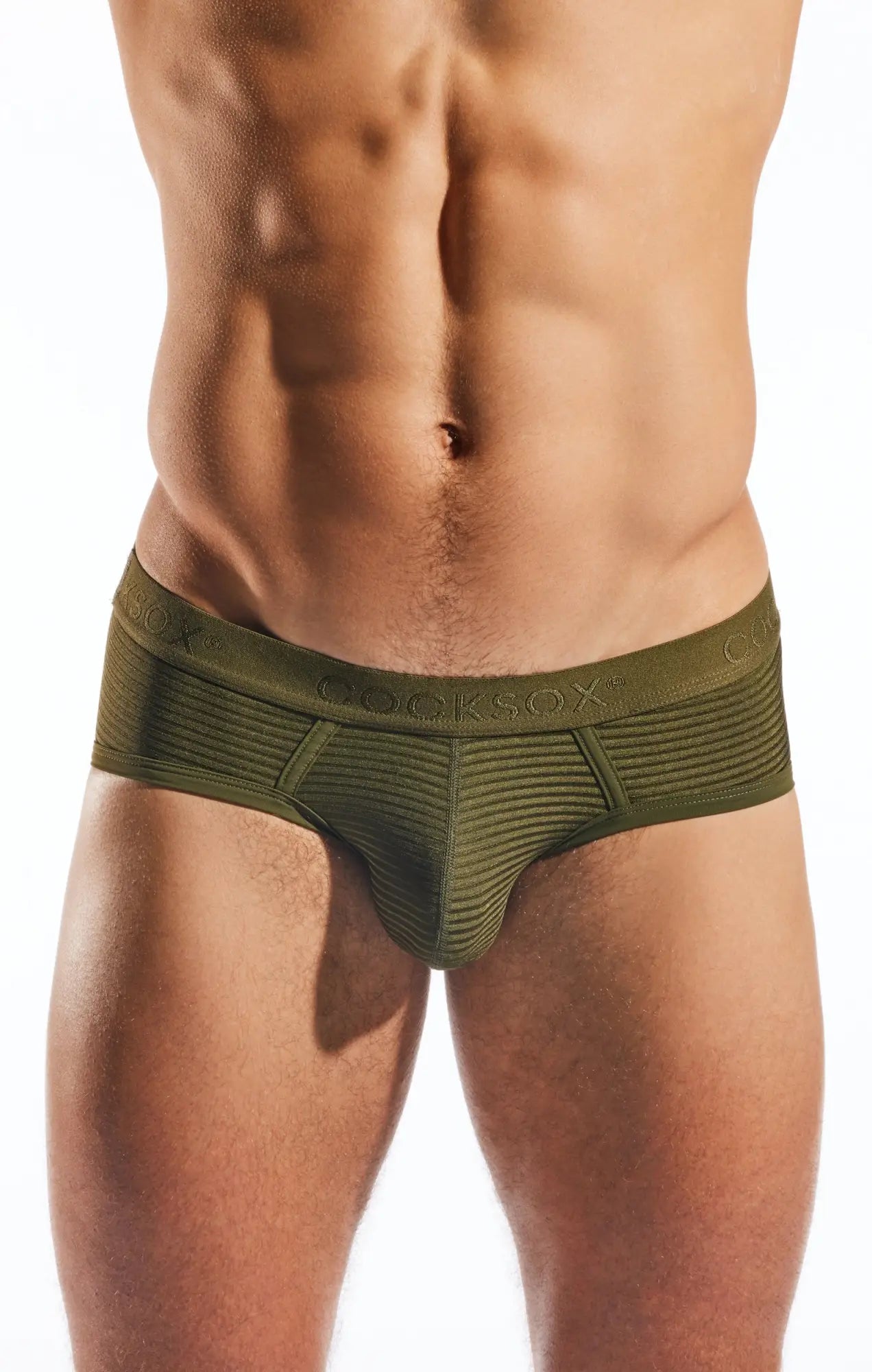 Cx76lux semi-sheer sports brief in olive green by cocksox made of textured elastic fabric for men