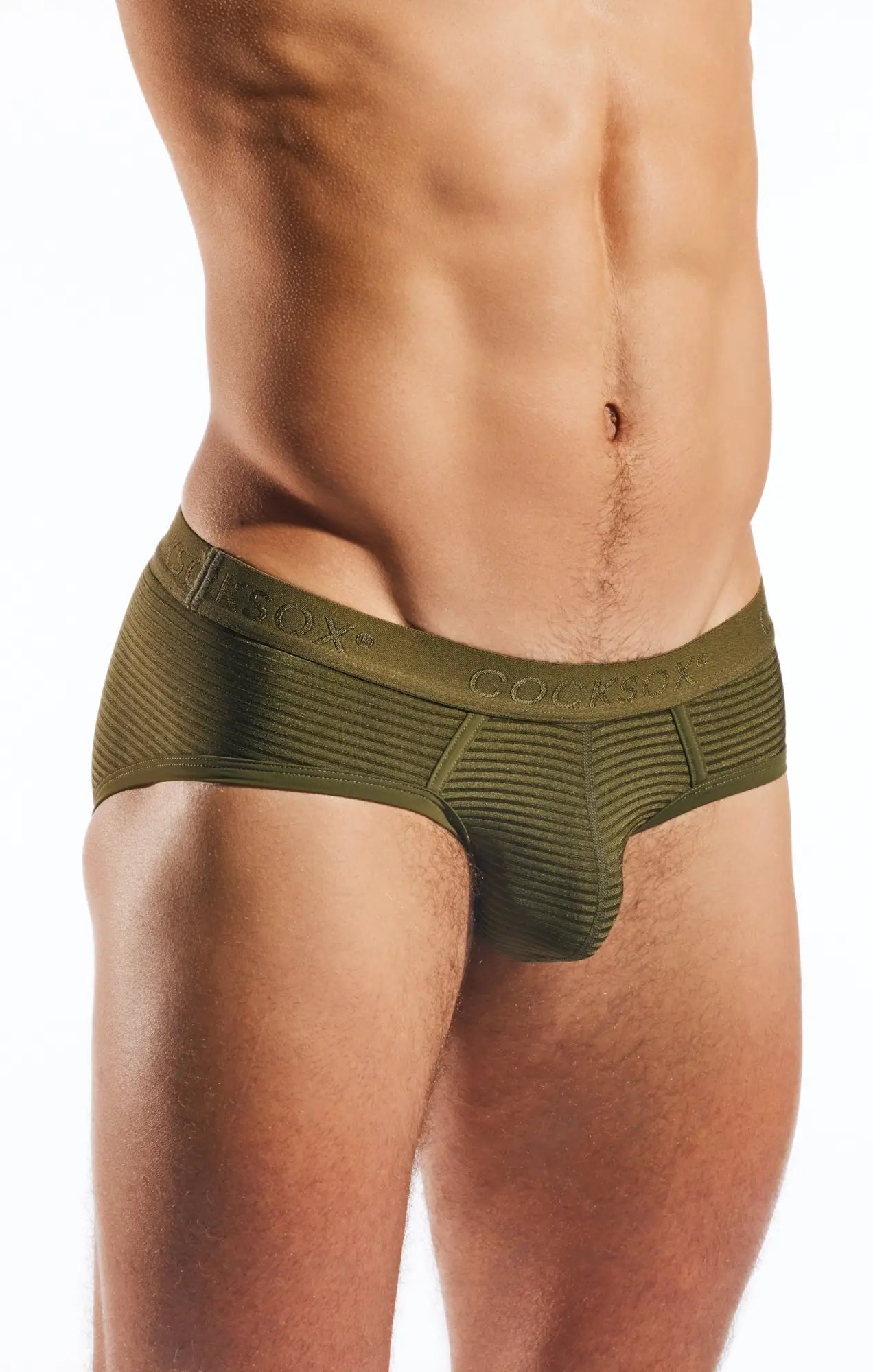 Cx76lux semi-sheer sports brief in olive green cocoon brand mens underwear made of textured elastic fabric