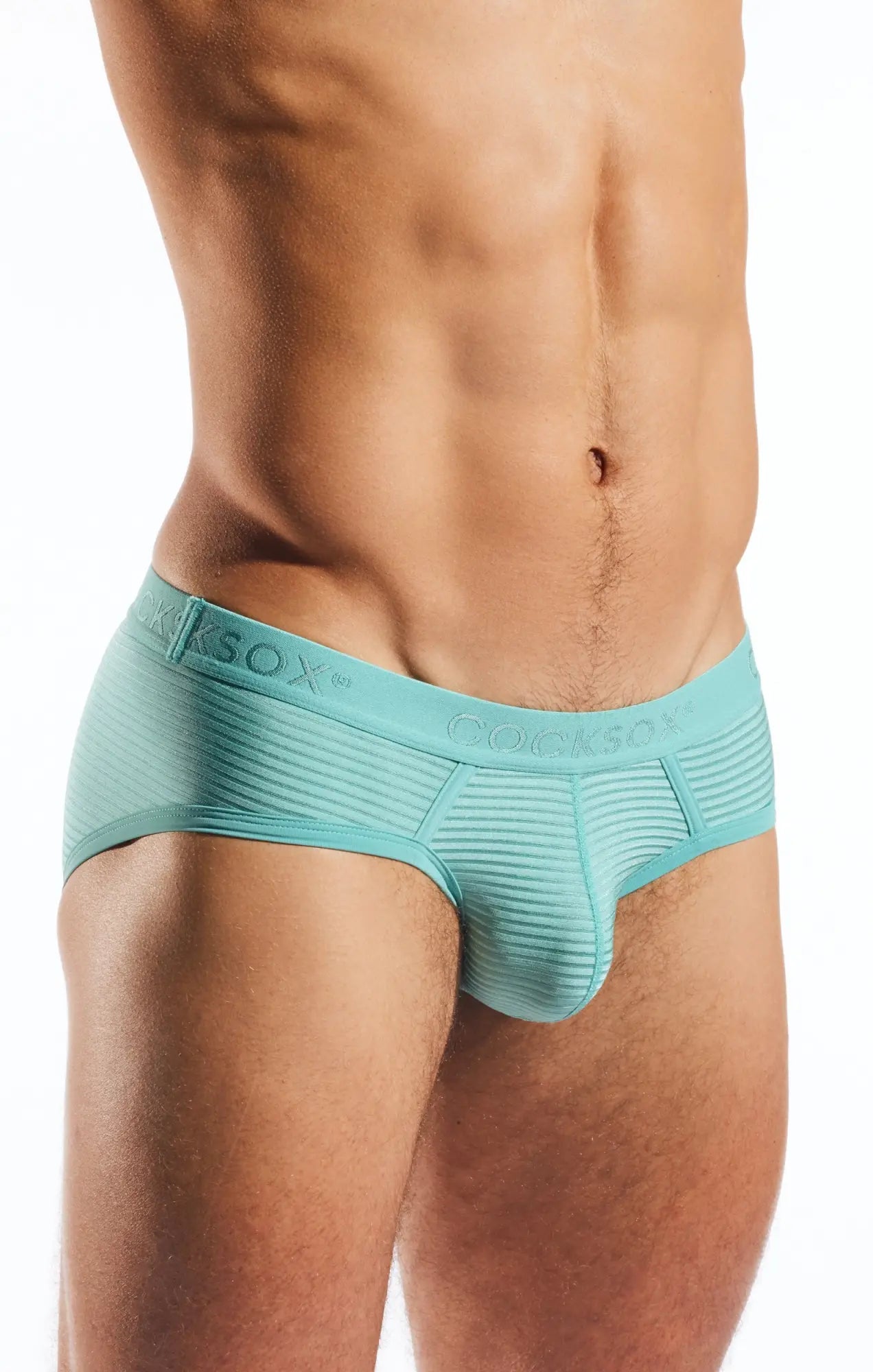 Teal ribbed cotton cx76lux semi sheer sports briefs with cocksox branded waistband for active wear