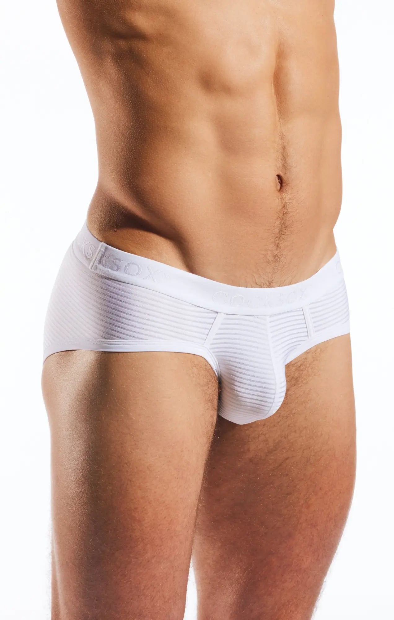 White men’s ribbed semi-sheer sports briefs with cigar embossed waistband cx76lux model