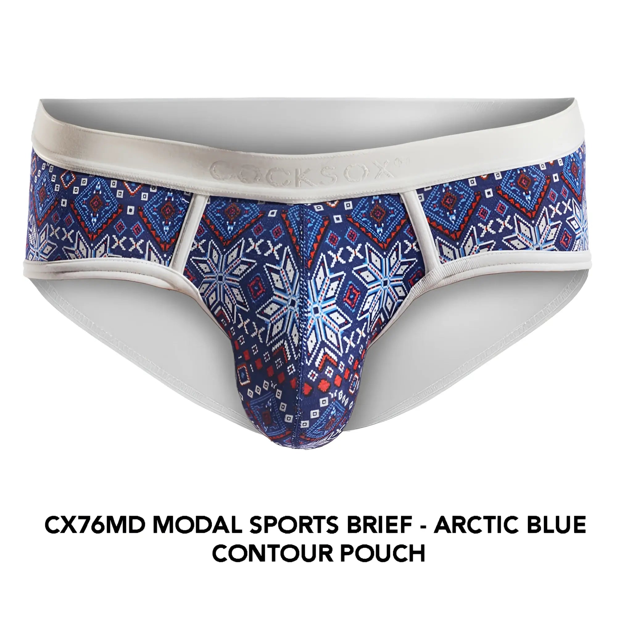 Arctic blue modal cx76md sports brief with white waistband and red white navy geometric snowflake pattern