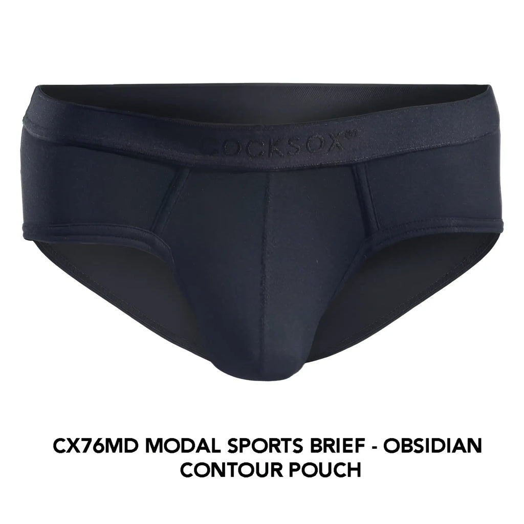 Black modal sports brief CX76MD with obsidian contour pouch and branded waistband for active wear