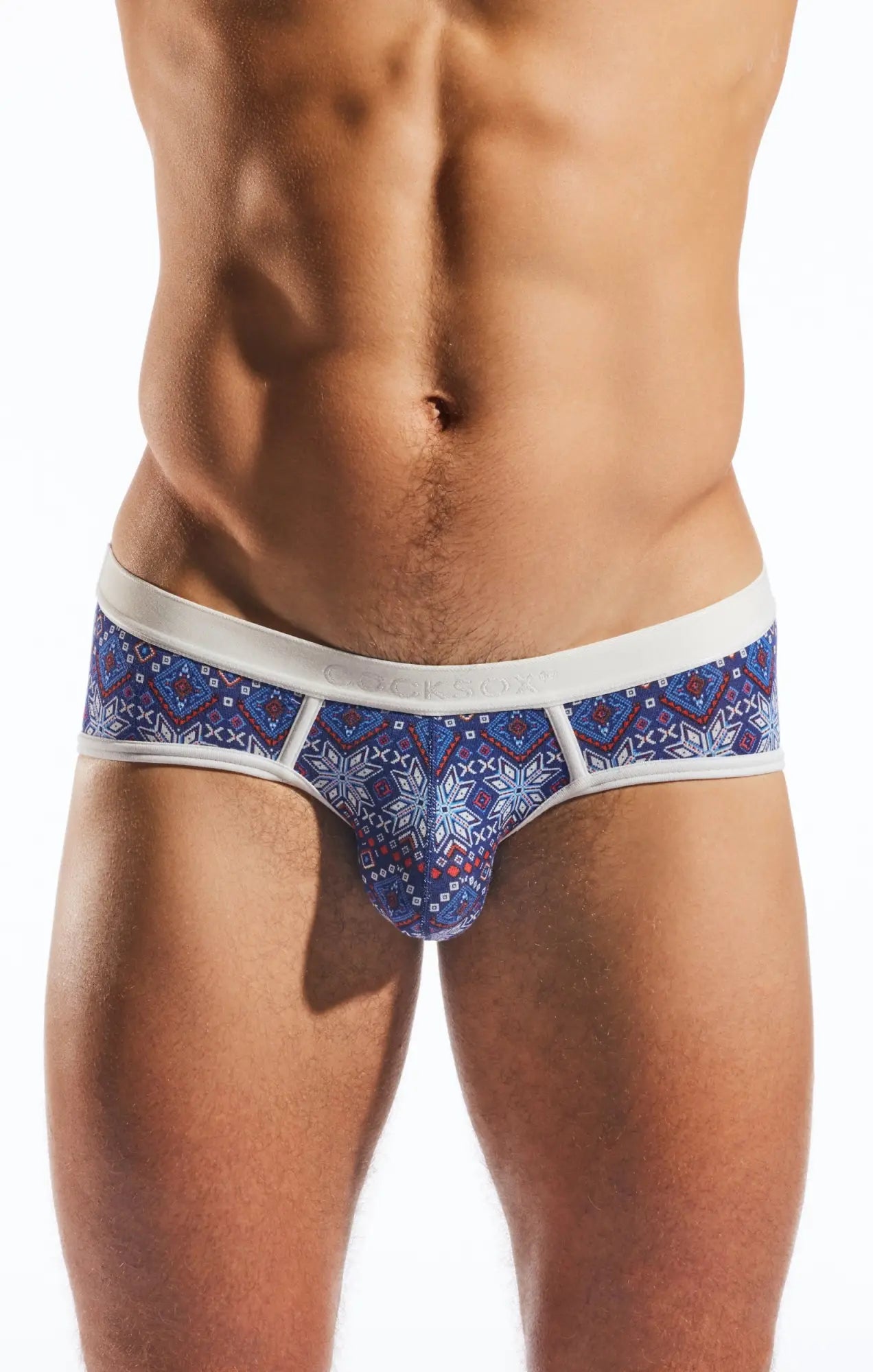 Blue patterned calvin klein cx76md sports briefs with white trim and geometric snowflake design