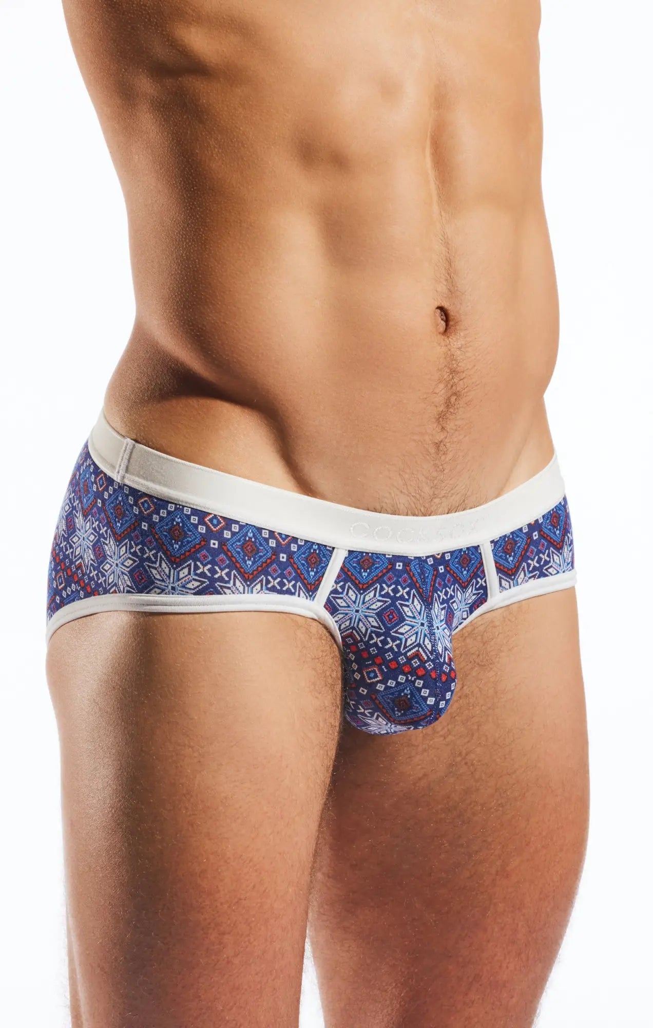 Blue patterned cx76md sports brief with white trim and snowflake design for men