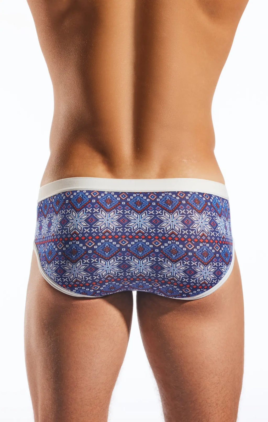 Cx76md sports brief blue and white patterned swim trunks with snowflake design for swimming and beachwear