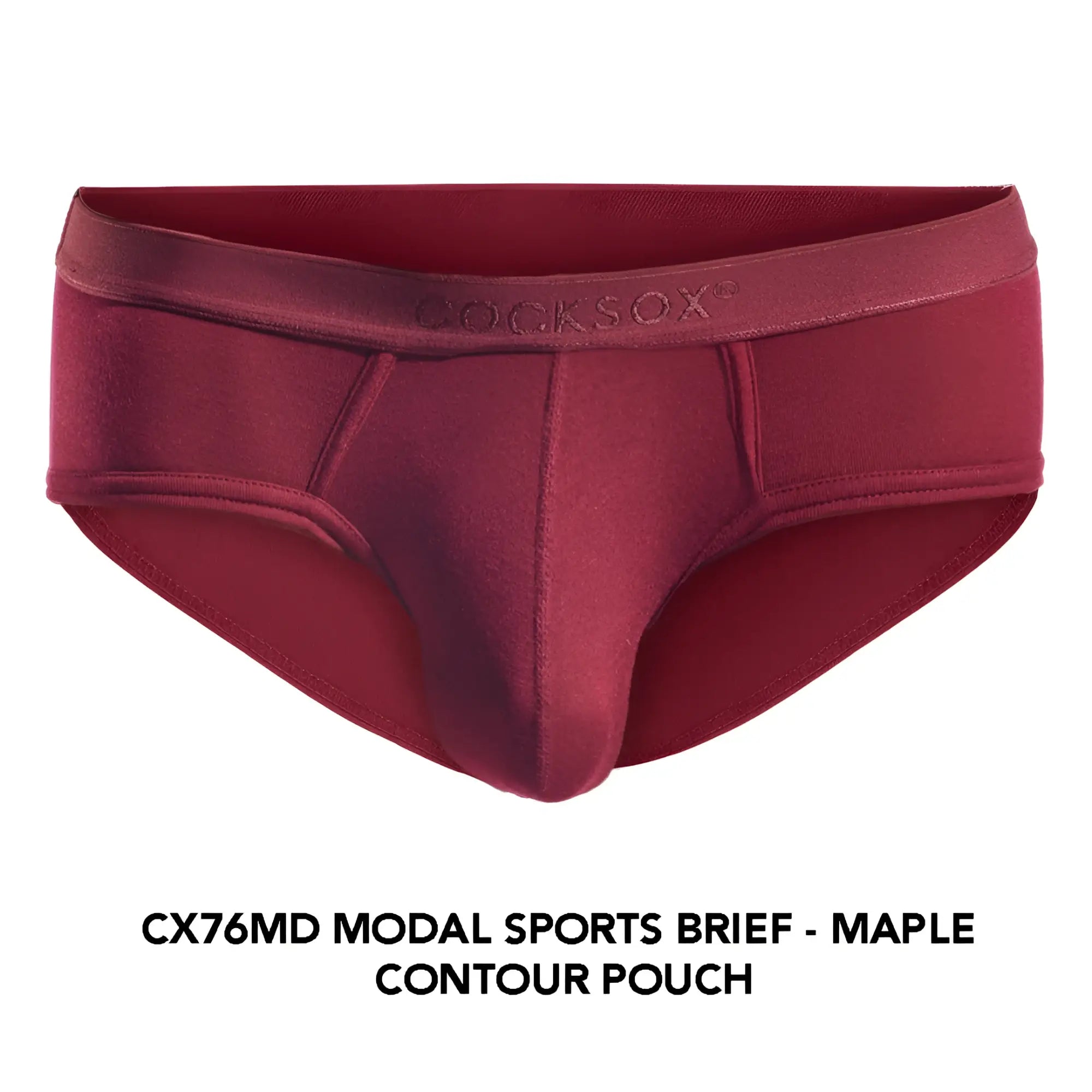 A deep red modal cx76md sports brief with contoured pouch and cocksox embroidered waistband for active wear