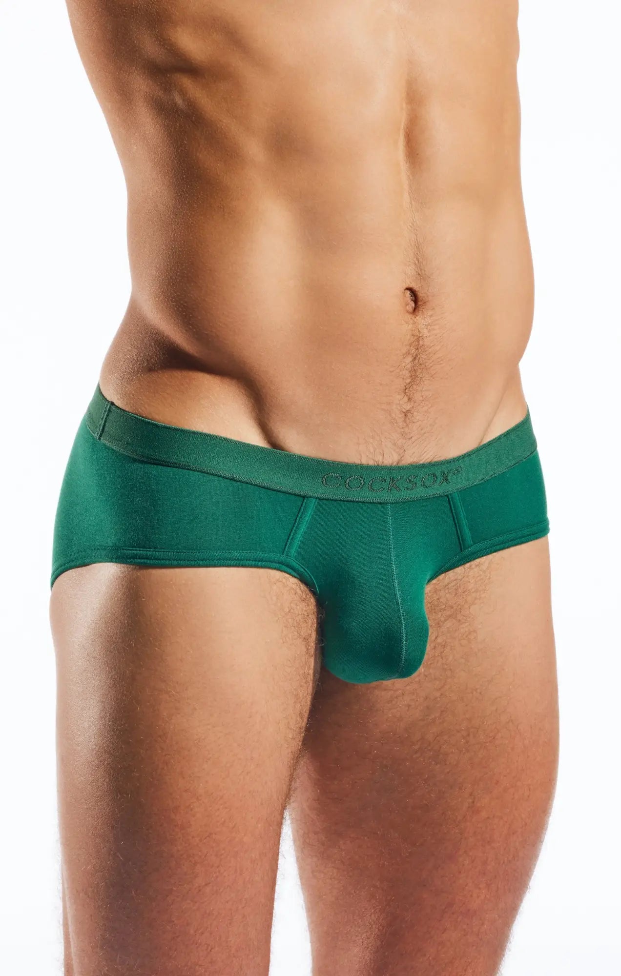 Emerald green cx76md sports brief with form-fitting design and smooth fabric waistband featuring cocksun brand name
