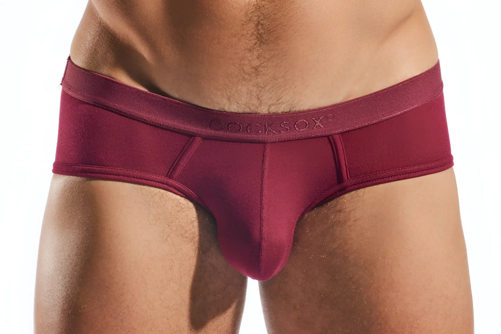 Maroon seamless men’s briefs with contoured design and locksox waistband embroidery cx76md sports brief