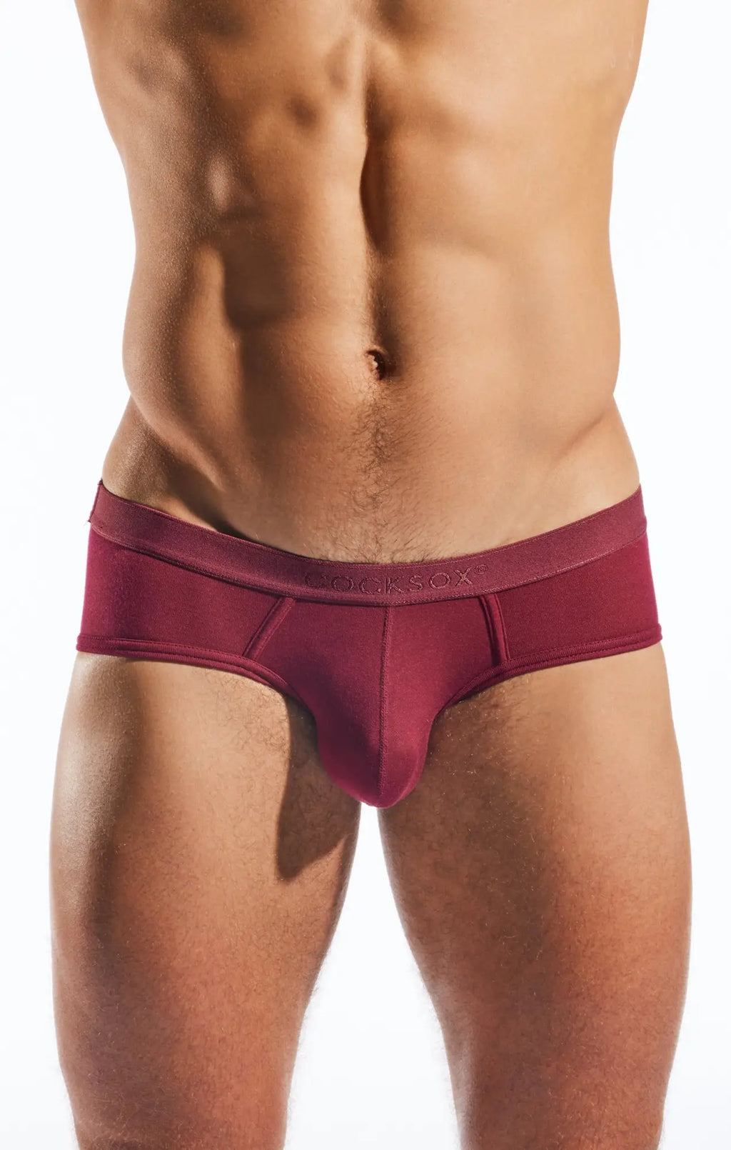 A maroon cx76md sports brief for men with smooth elastic waistband and subtle stitching details