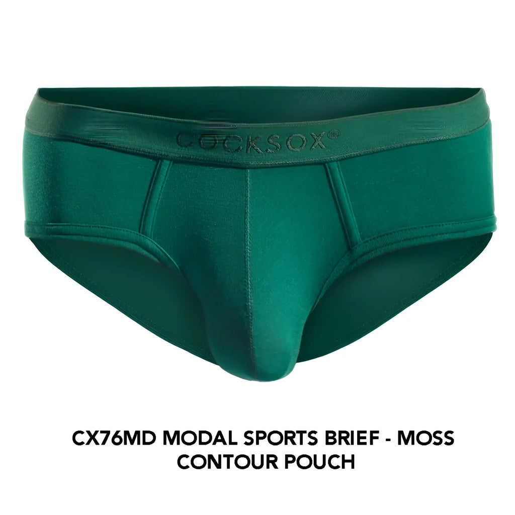 Moss green cocksox cx76md sports brief in modal with contour pouch and embroidered waistband for active wear