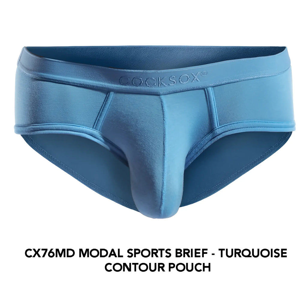 Turquoise modal cx76md sports brief with contour pouch and cocksox branding on the waistband for active wear
