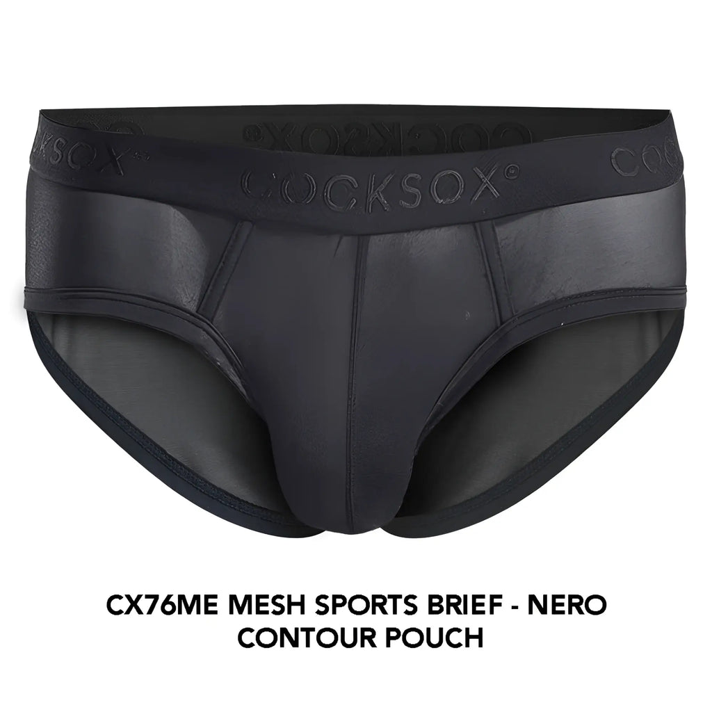 Black mesh cocksox cx76me sports brief with contoured pouch and elastic waistband for athletic use