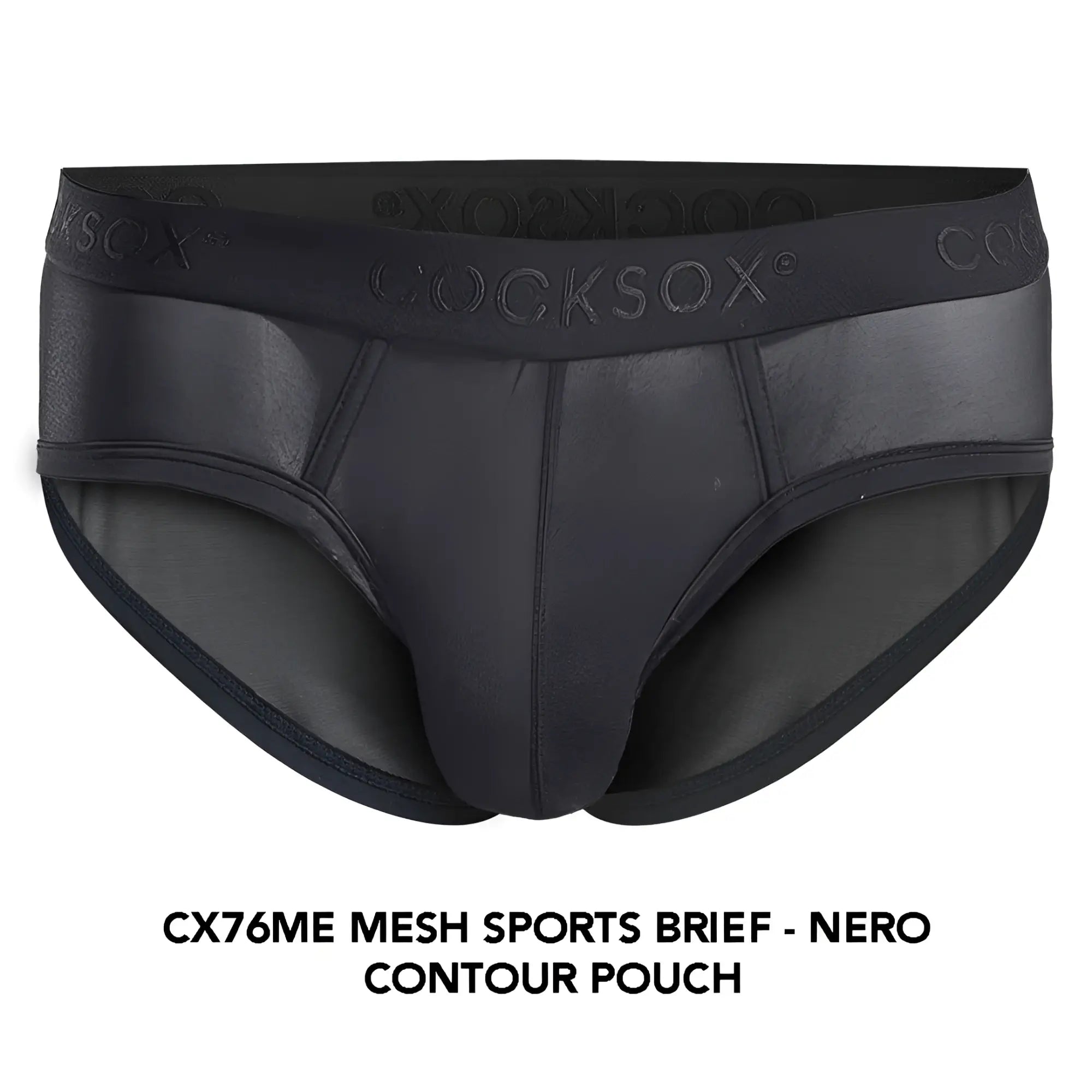 Black mesh cocksox cx76me sports brief with contoured pouch and elastic waistband for athletic use