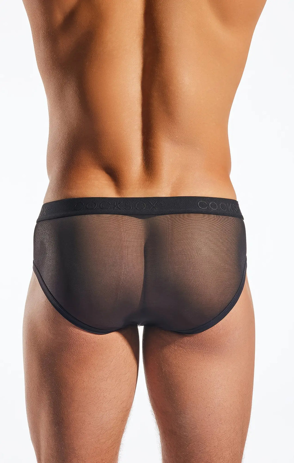 Black sheer mesh briefs cx76me sports brief with solid black waistband featuring cooz branding in subtle lettering