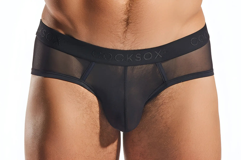 Black sheer mesh sports briefs with solid black waistband featuring cocksox brand name cx76me mesh sports brief
