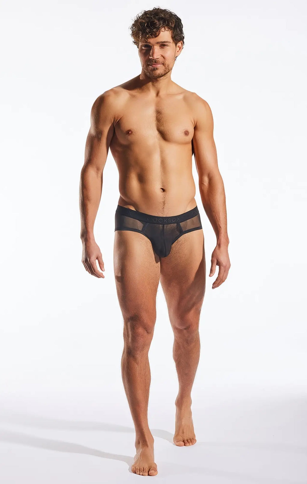 Black sheer mesh briefs with solid black waistband from cx76me mesh sports brief collection front view